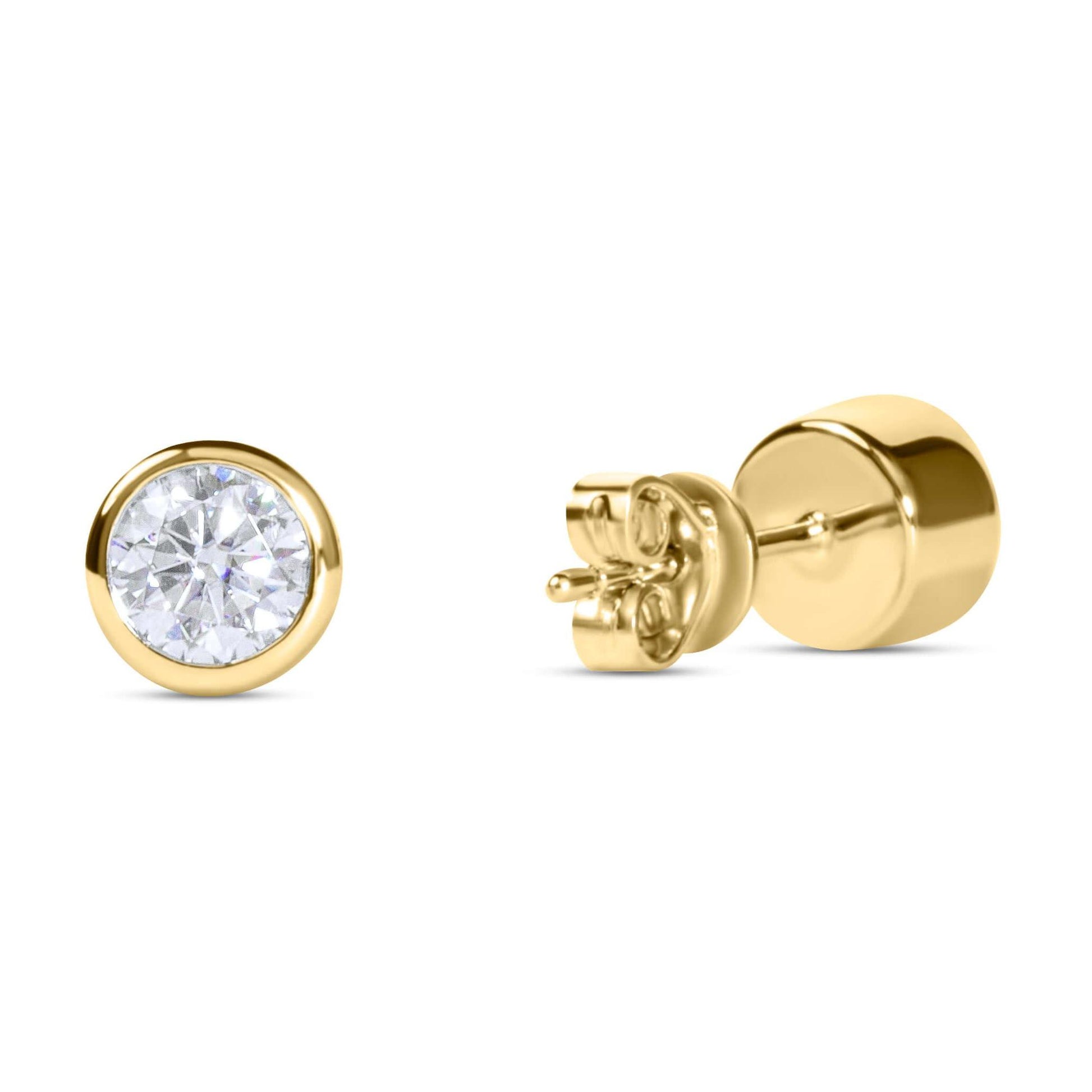 Amaral Bezel Stud Moissanite Diamond Gold Earrings on white background