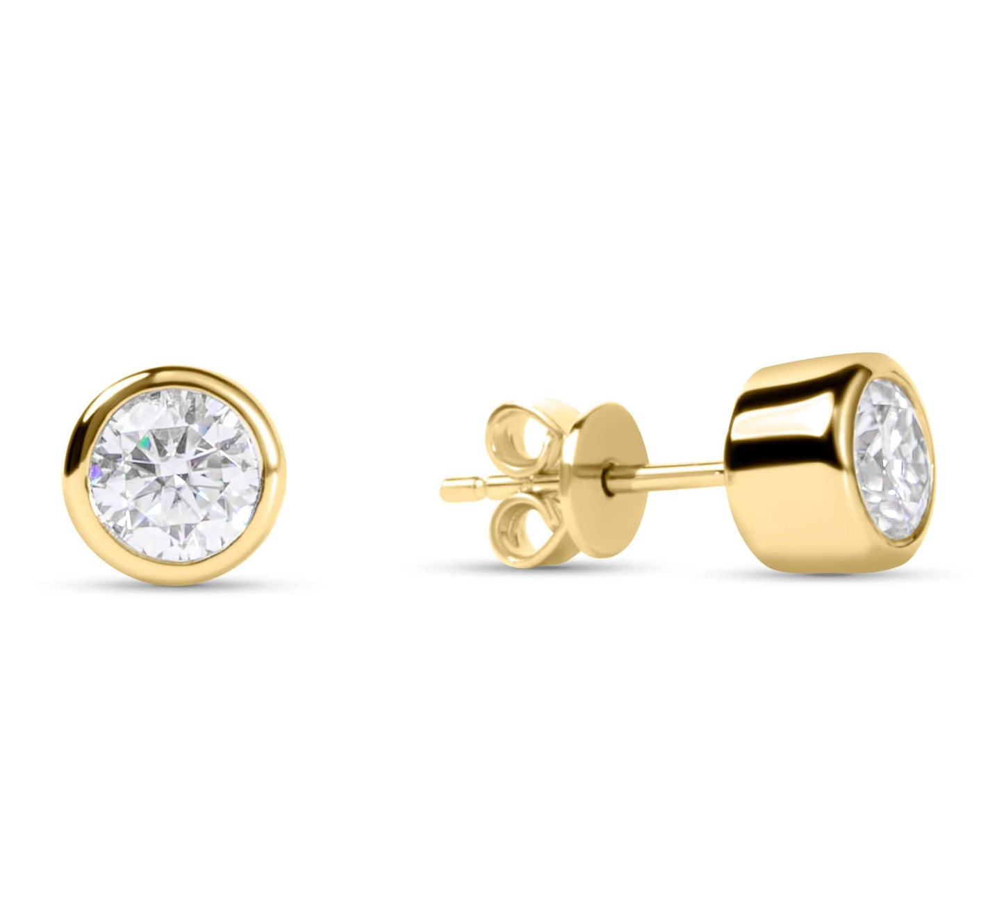 Amaral Bezel Stud Moissanite Diamond Gold Earrings on white background