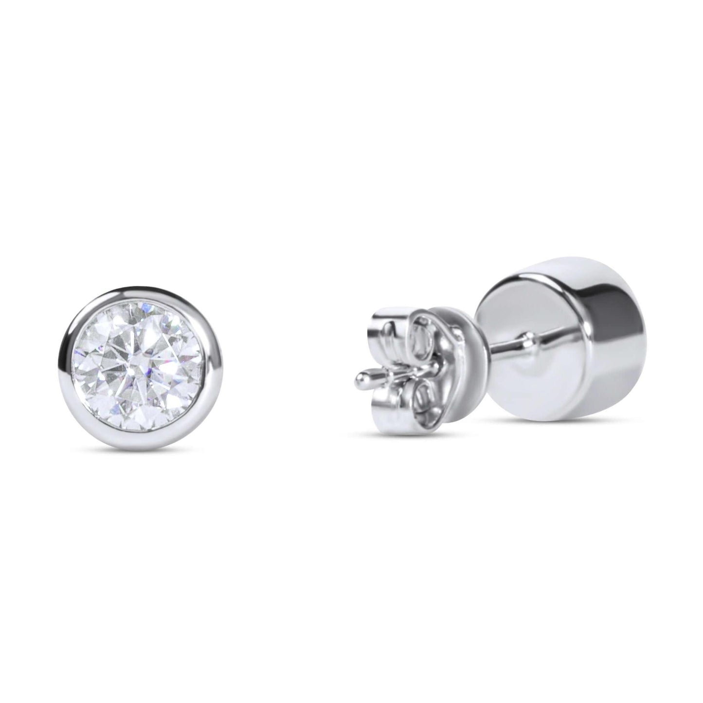 Amaral Bezel Stud Moissanite Diamond White Gold Earrings on white background