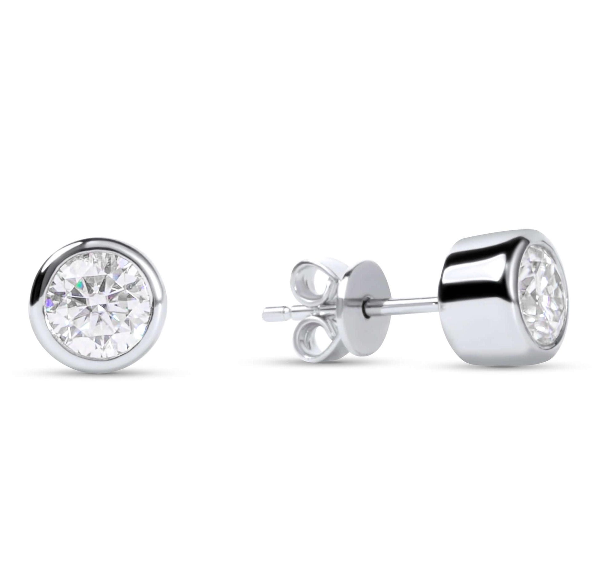 Amaral Bezel Stud Moissanite Diamond White Gold Earrings on white background