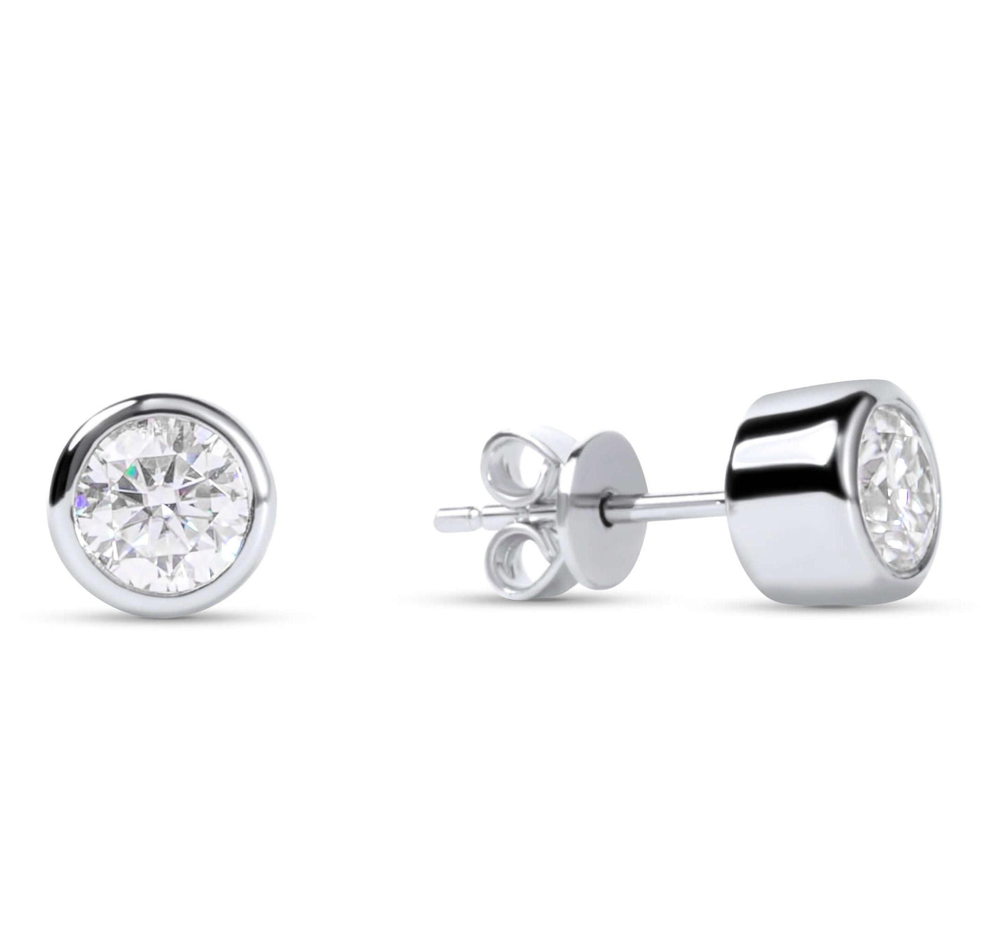 Amaral Bezel Stud Moissanite Diamond Silver Earrings on white background