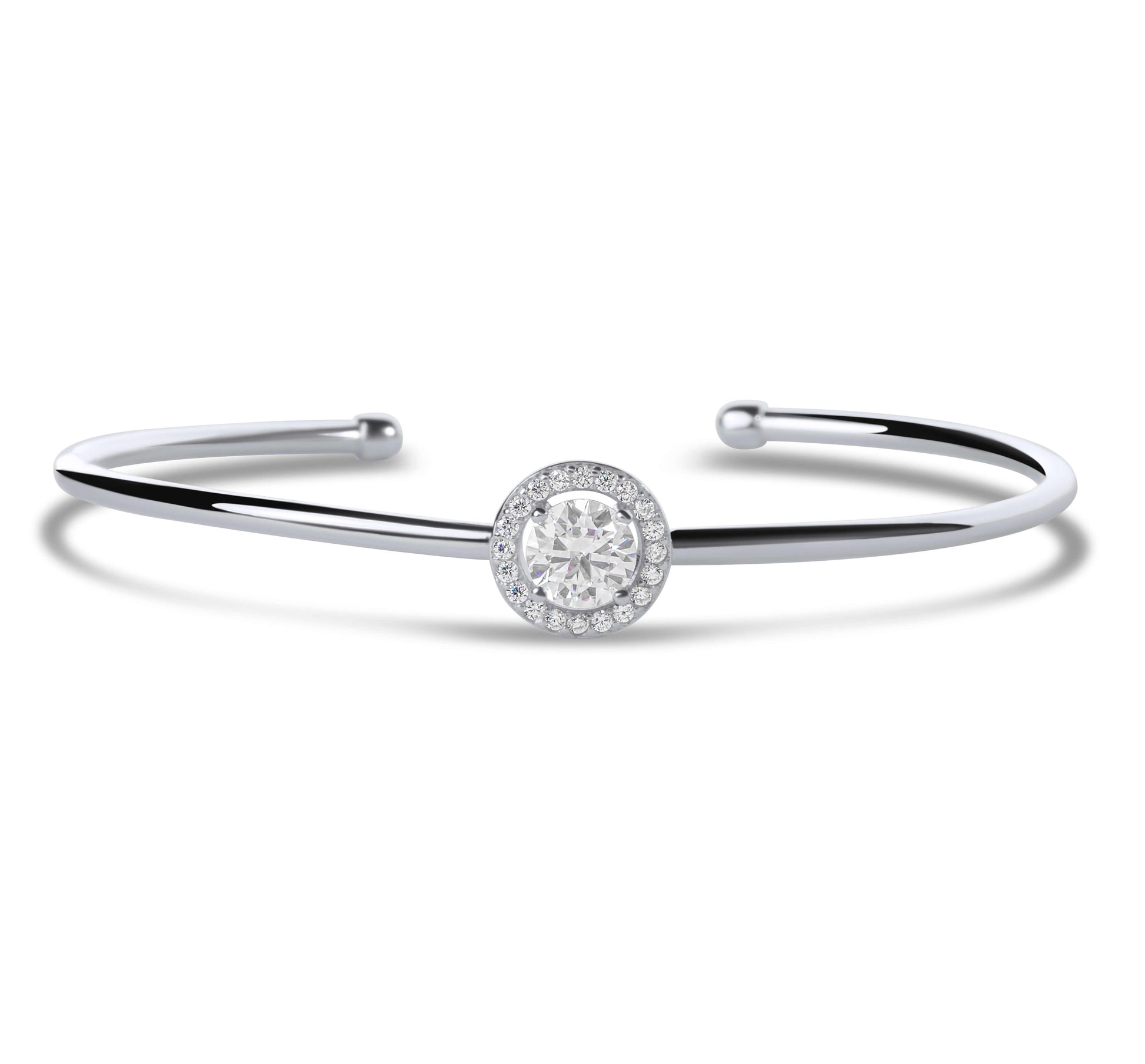 Moissanite Diamond Cuff Silver Bracelet with white background