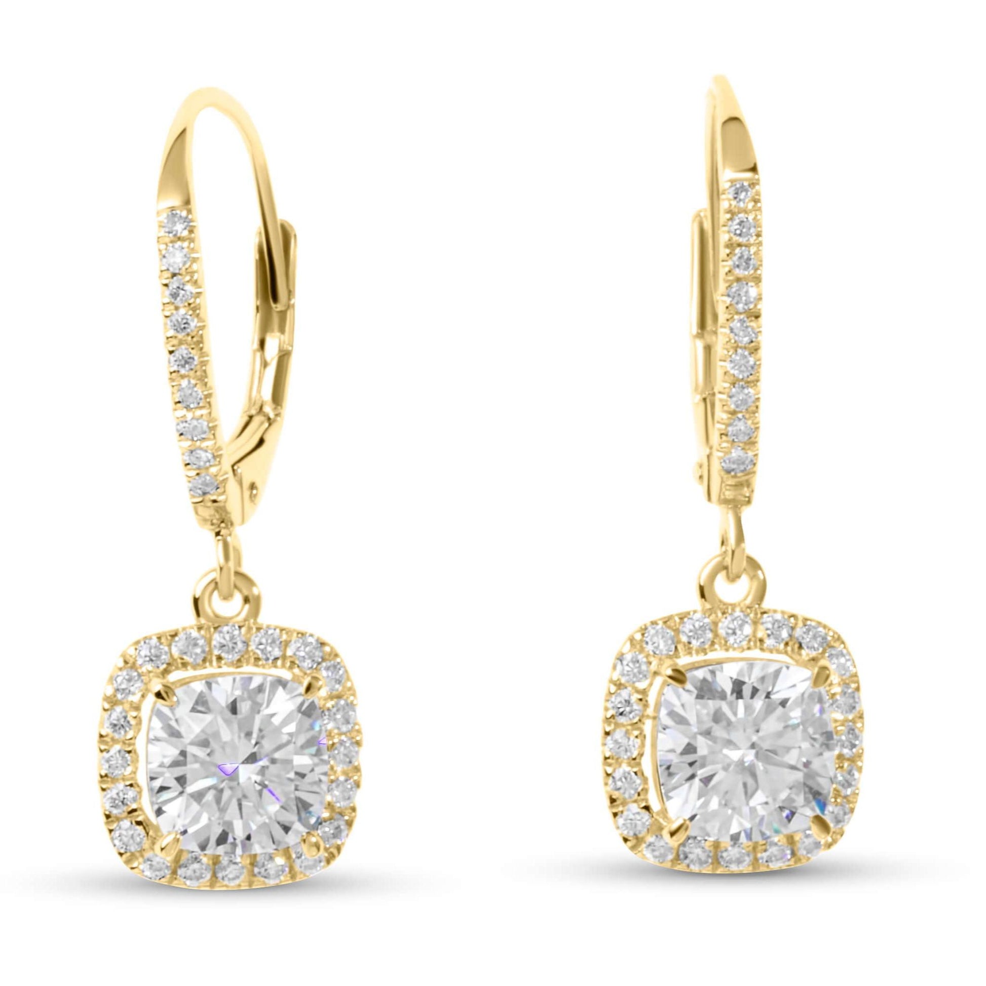 Moissanite Diamond Cushion Drop Gold Earrings with white background
