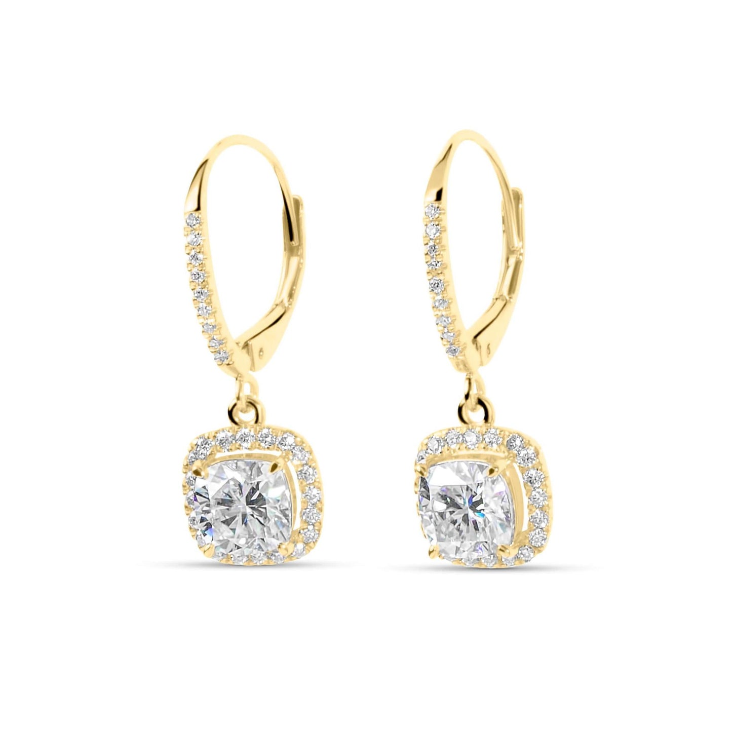 Moissanite Diamond Cushion Drop Gold Earrings with white background