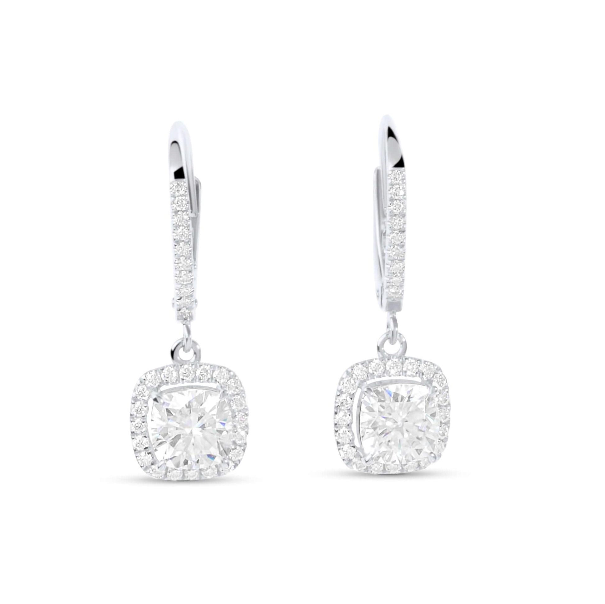 Moissanite Diamond Cushion Drop Silver Earrings with white background