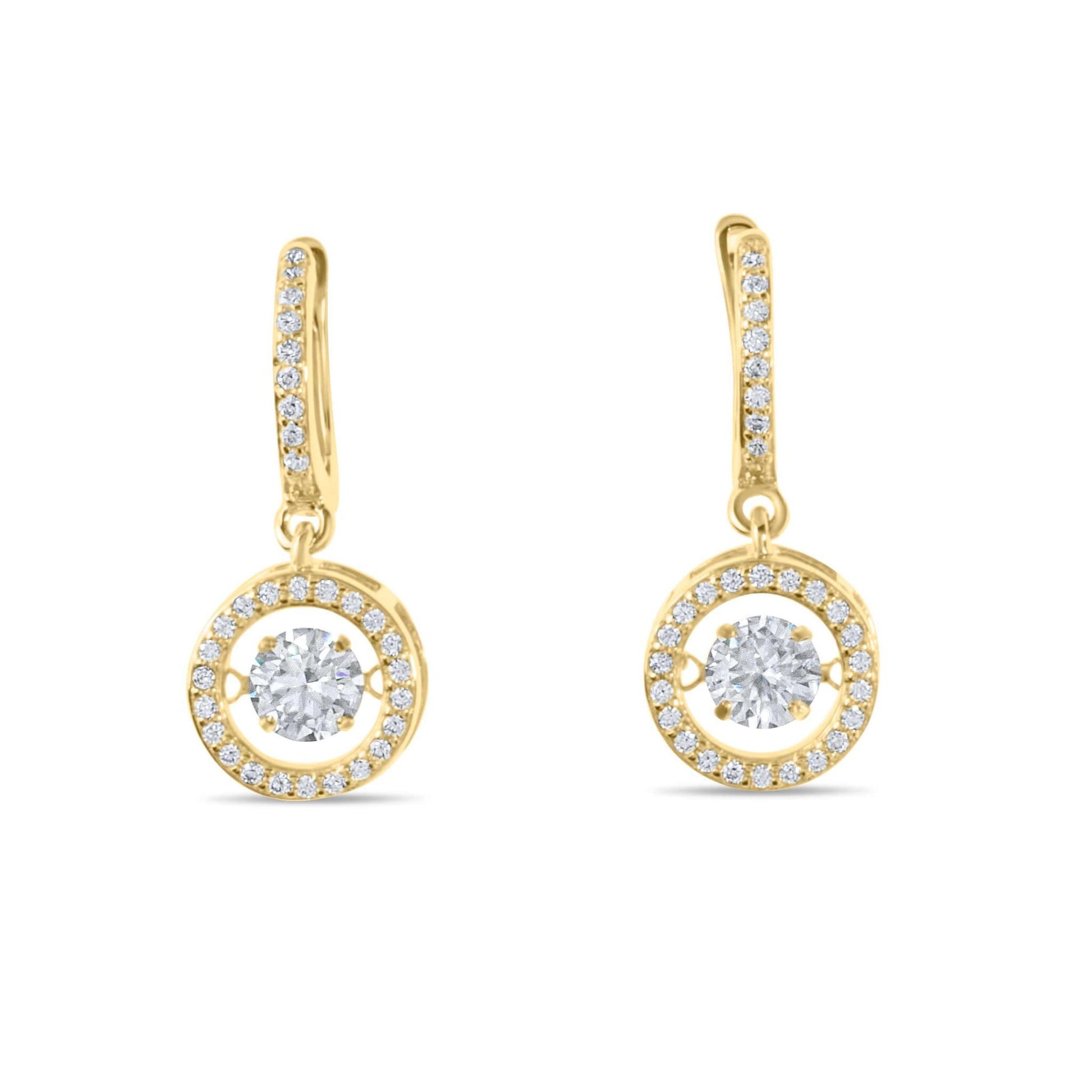 Moissanite Diamond Dancing Drop Gold Earrings on white background