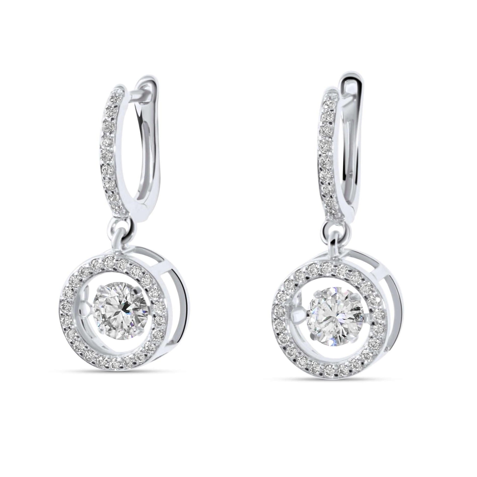 Moissanite Diamond Dancing Drop White Gold Earrings on white background