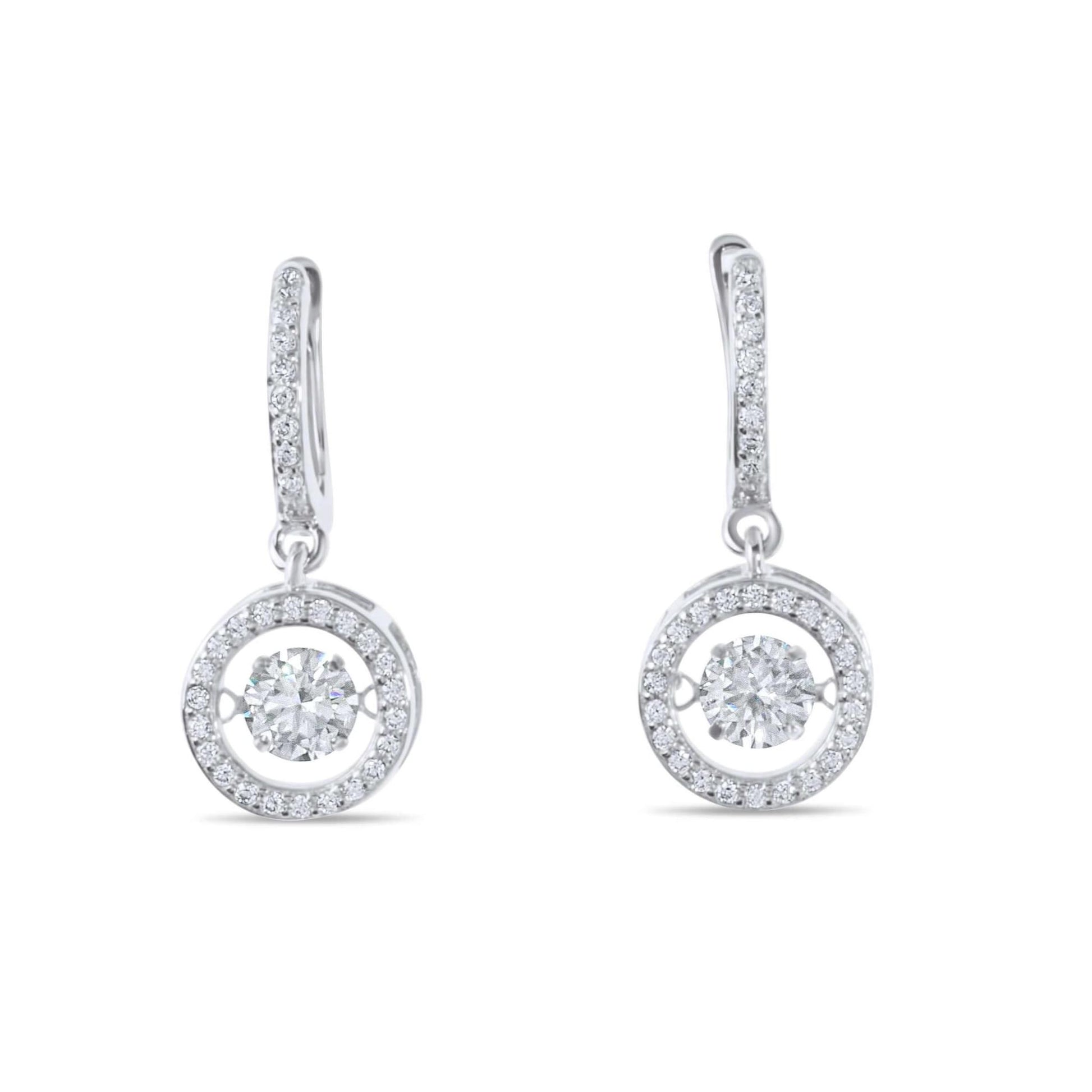 Moissanite Diamond Dancing Drop Silver Earrings on white background