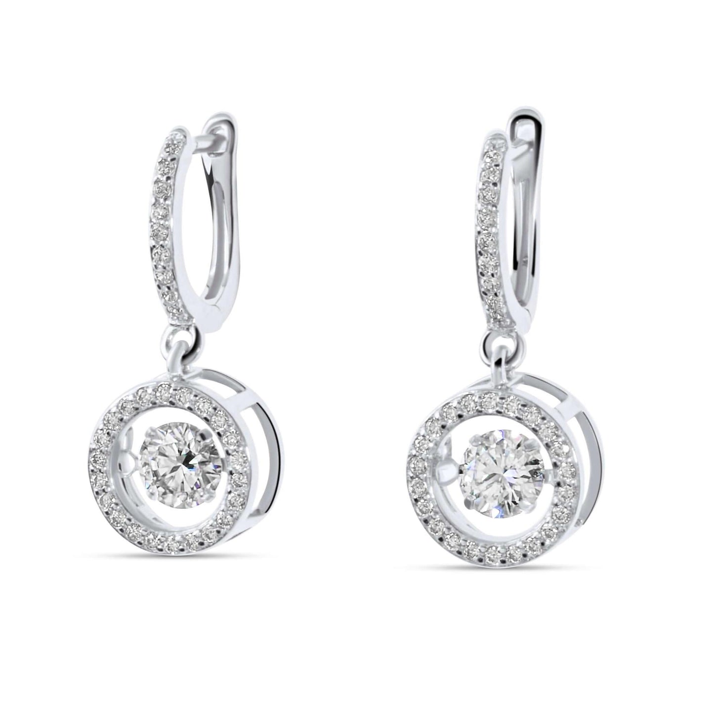 Moissanite Diamond Dancing Drop Silver Earrings on white background