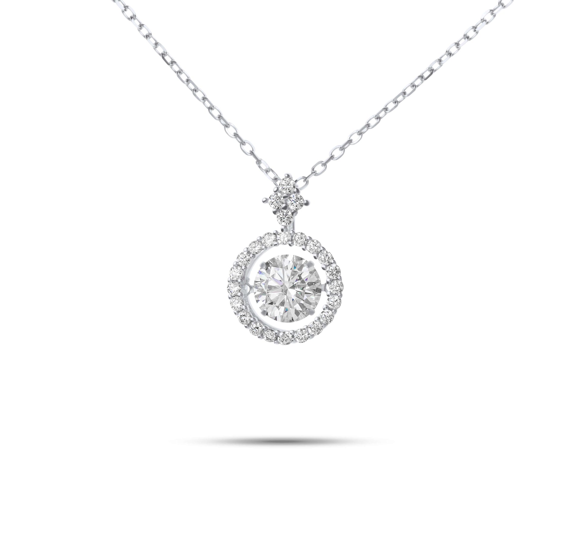 Moissanite Diamond Dancing Stone White Gold Necklaces on white background