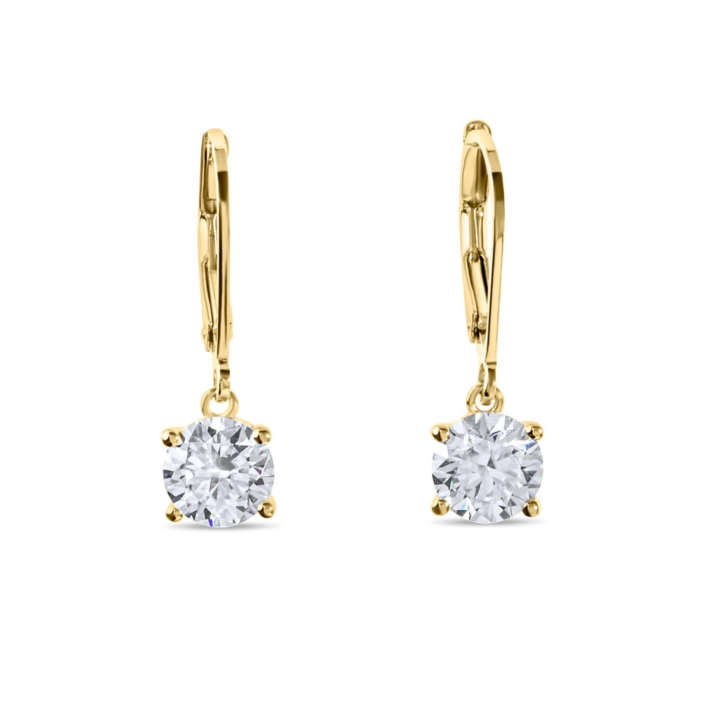 Moissanite Diamond Drop Solitaire Gold Earrings on white background