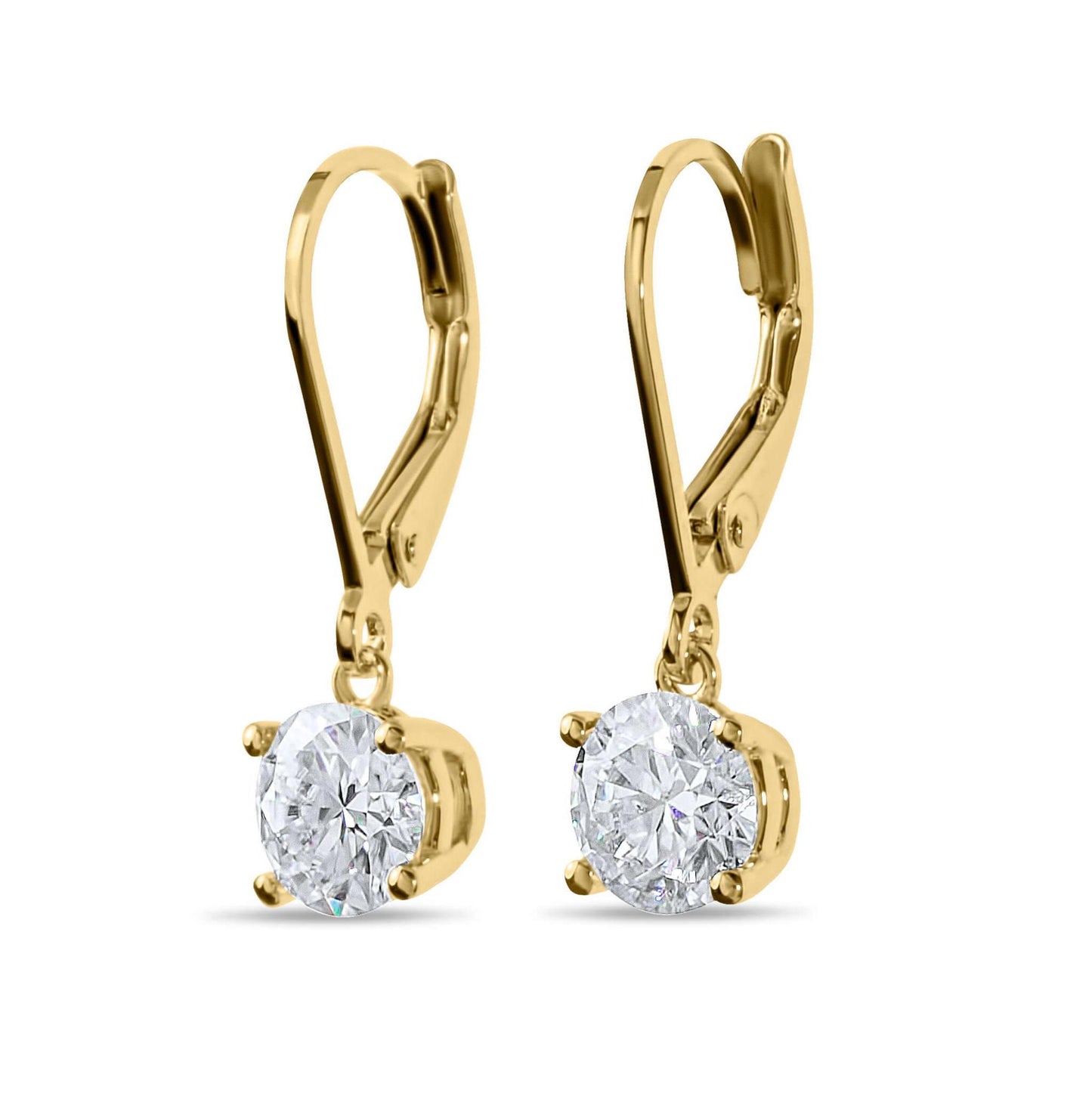 Moissanite Diamond Drop Solitaire Gold Earrings on white background