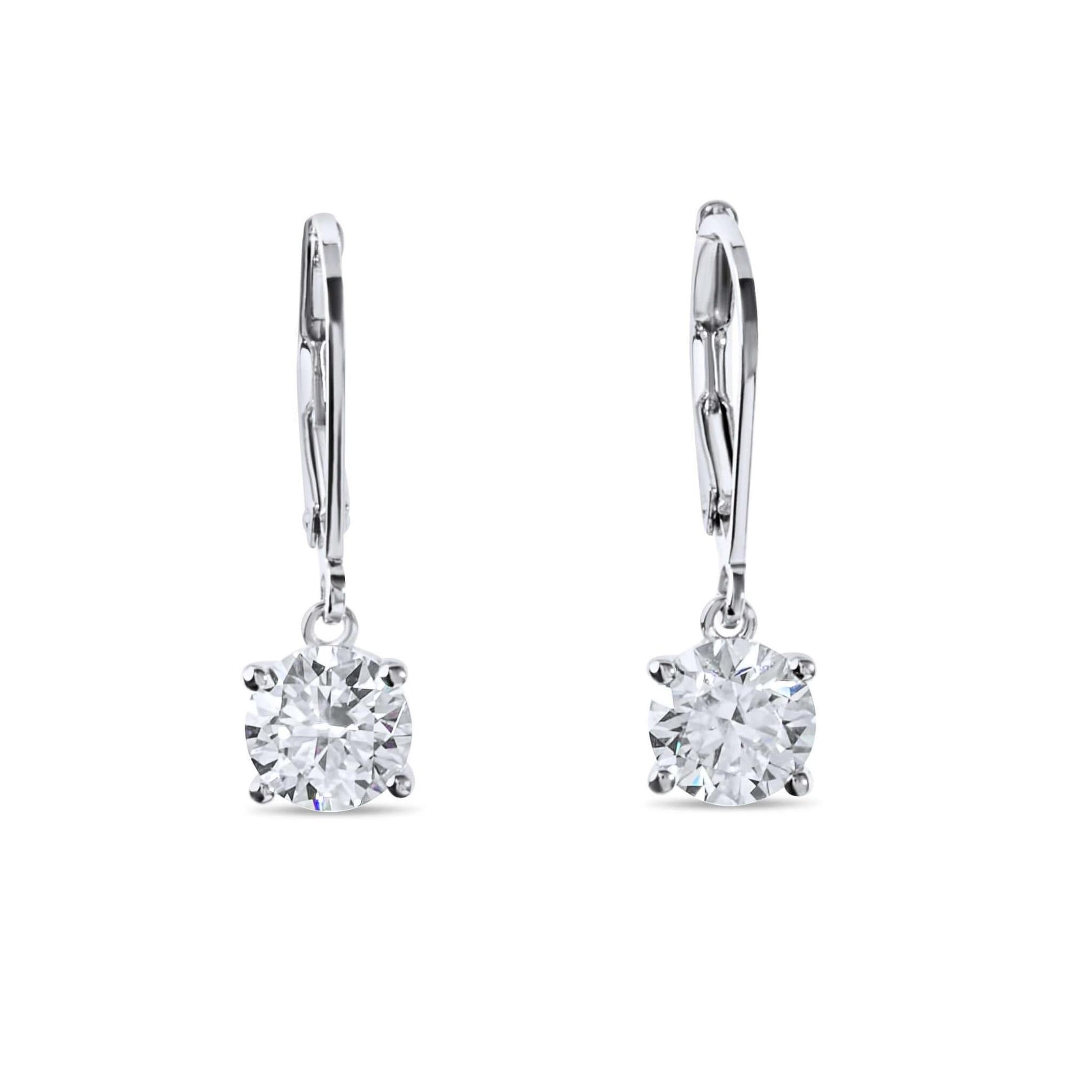 Moissanite Diamond Drop Solitaire White Gold Earrings on white background