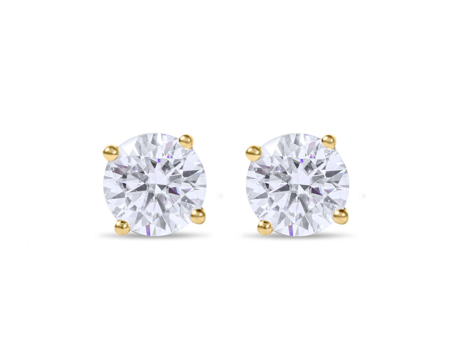 Moissanite Diamond Four Prong Stud Gold Earrings on white background