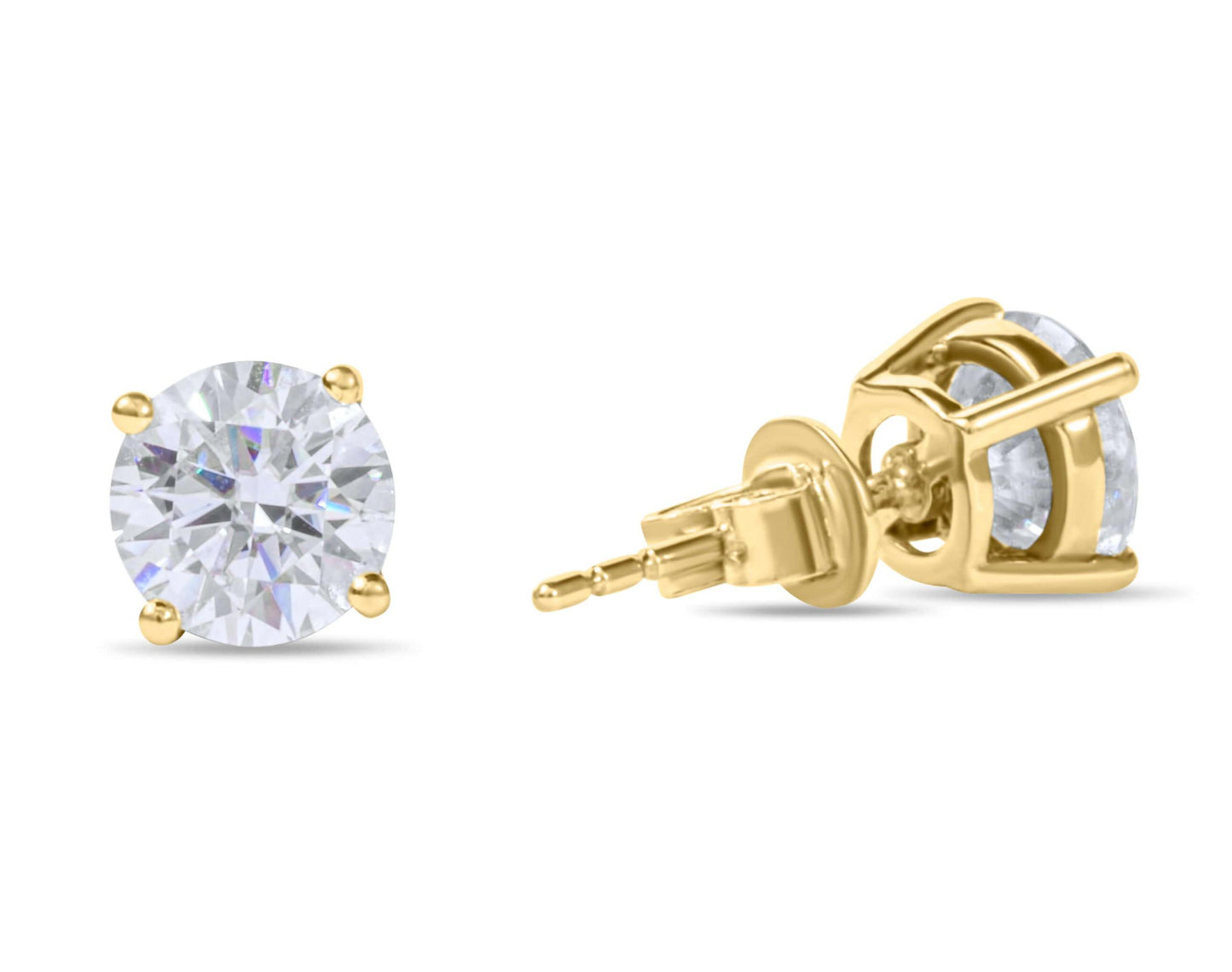 Moissanite Diamond Four Prong Stud Gold Earrings on white background