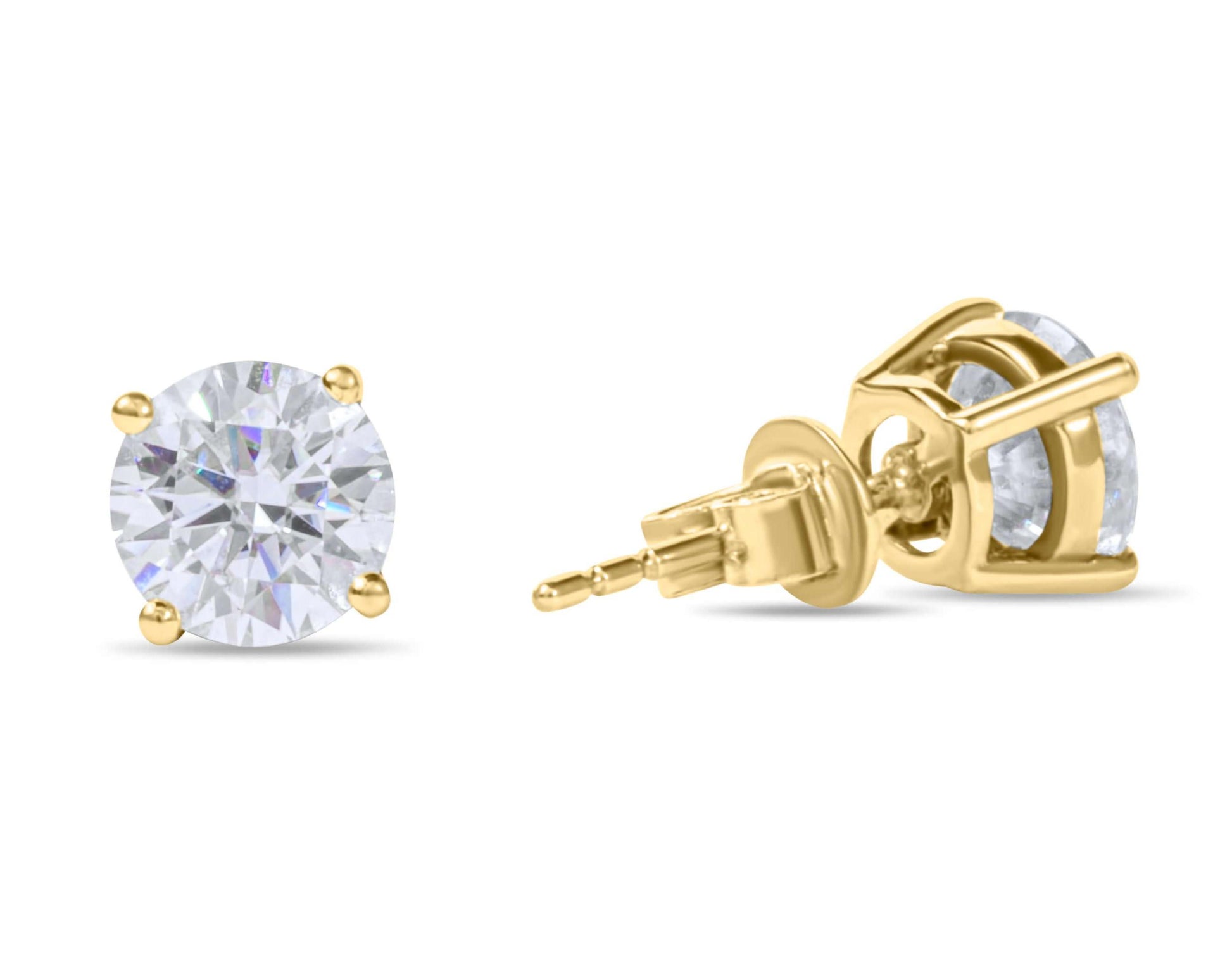 Moissanite Diamond Four Prong Stud Gold Earrings on white background