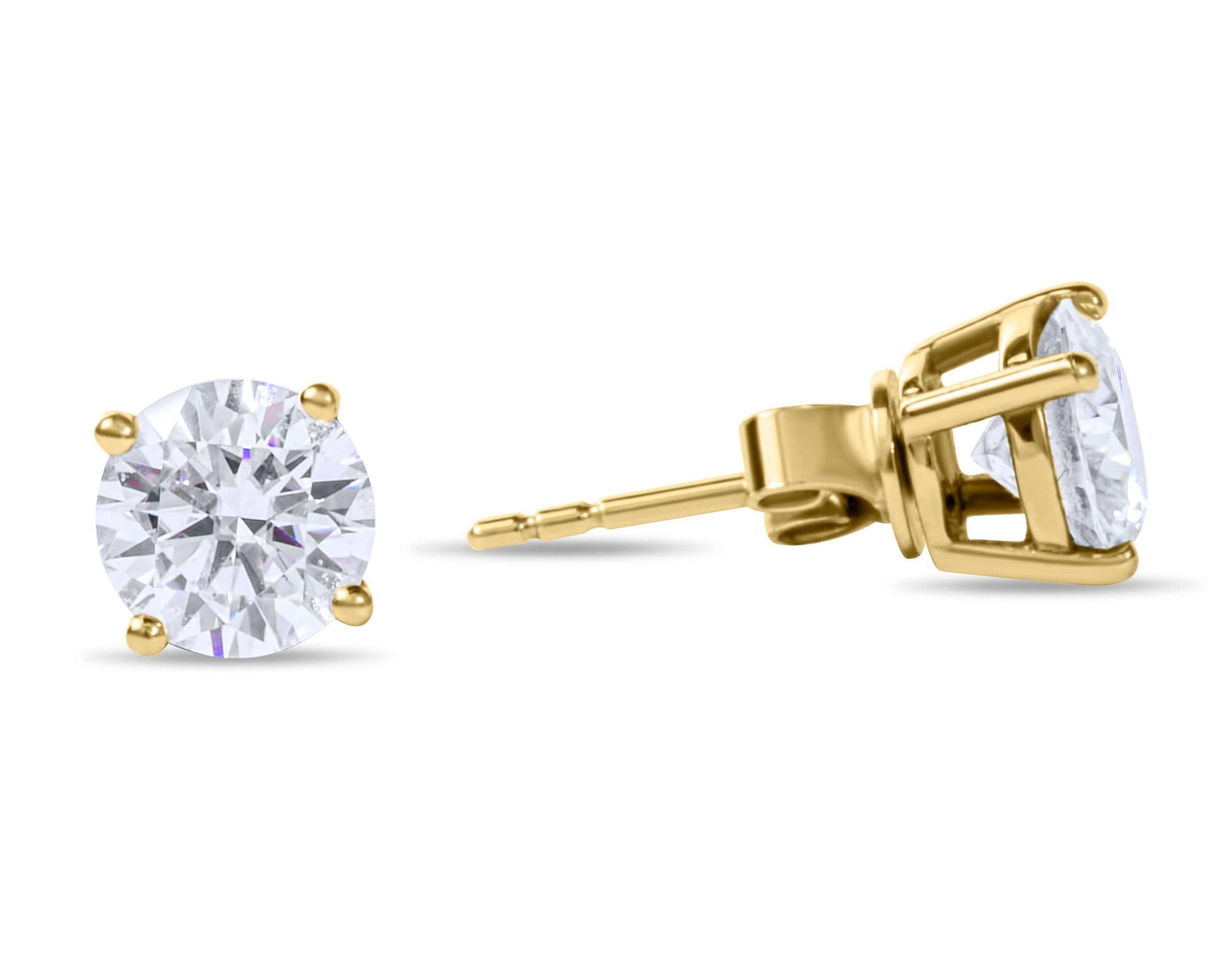 Moissanite Diamond Four Prong Stud Gold Earrings on white background