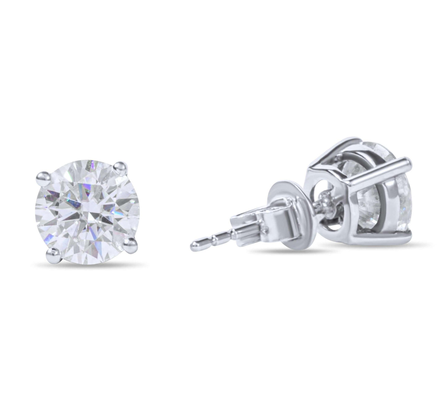 Moissanite Diamond Four Prong Stud White Gold Earrings on white background