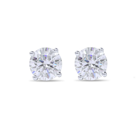 Moissanite Diamond Four Prong Stud Silver Earrings on white background