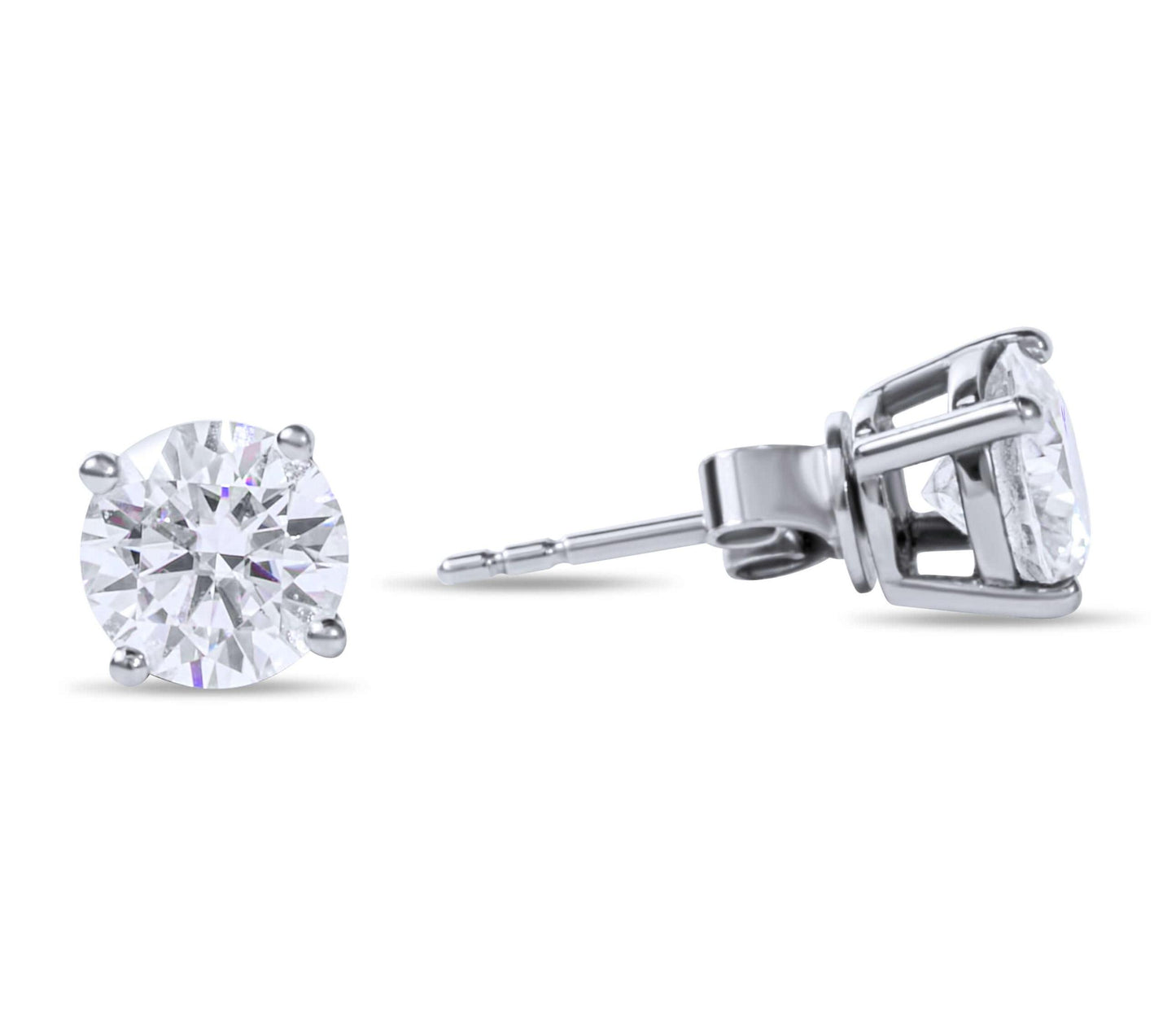 Moissanite Diamond Four Prong Stud Silver Earrings on white background