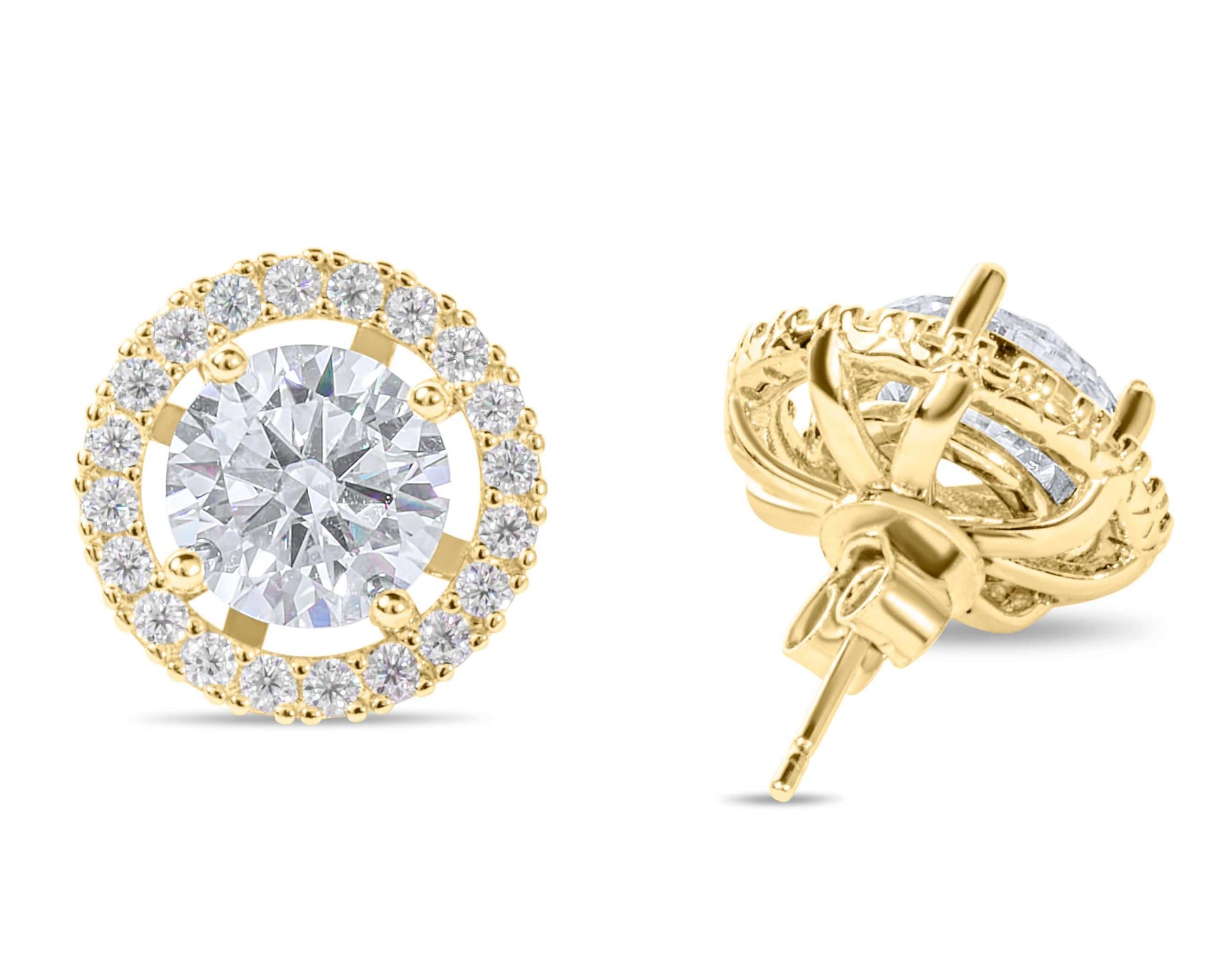 Moissanite Diamond Halo Jacket Gold Earrings on white background