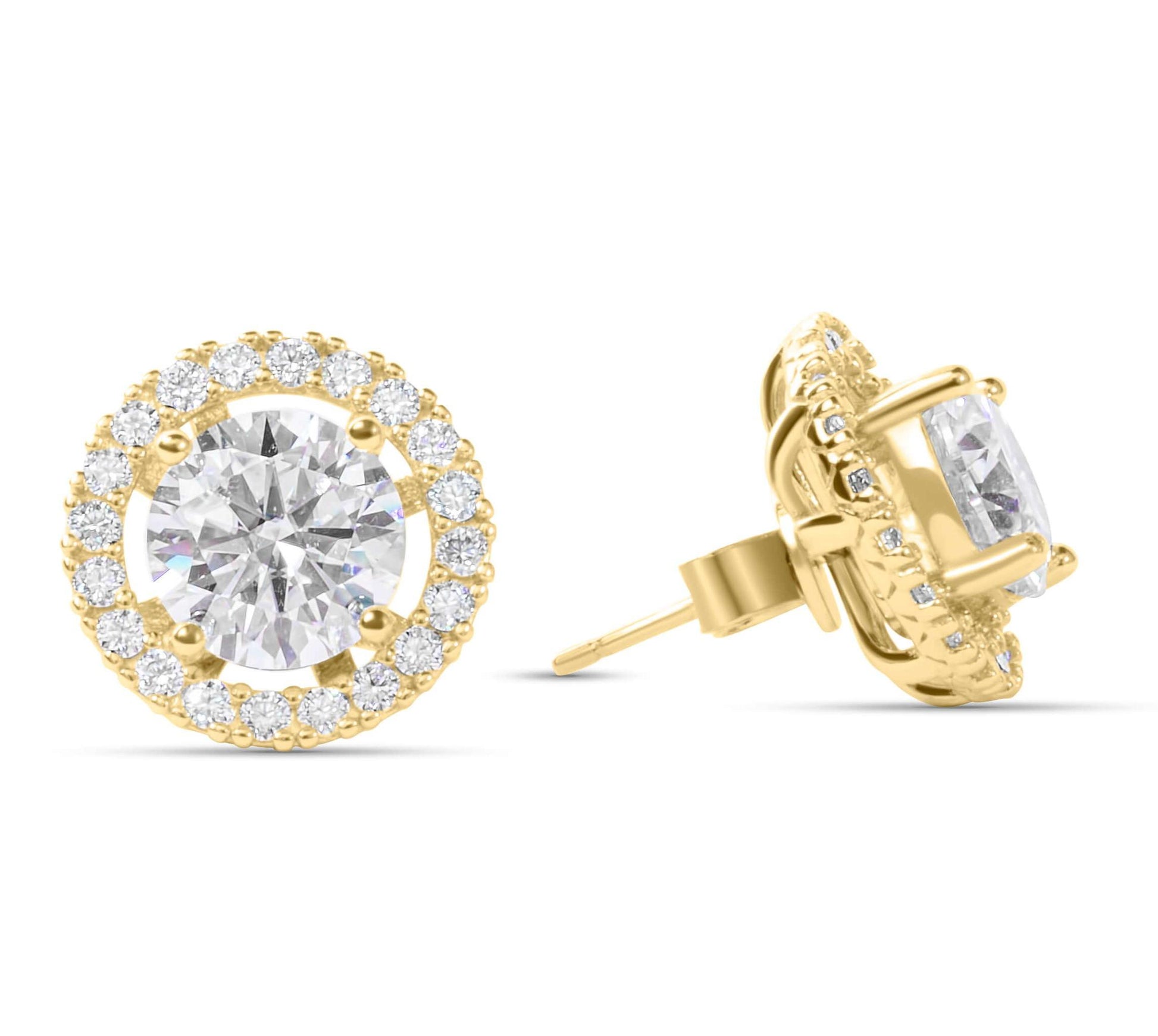 Moissanite Diamond Halo Jacket Gold Earrings on white background