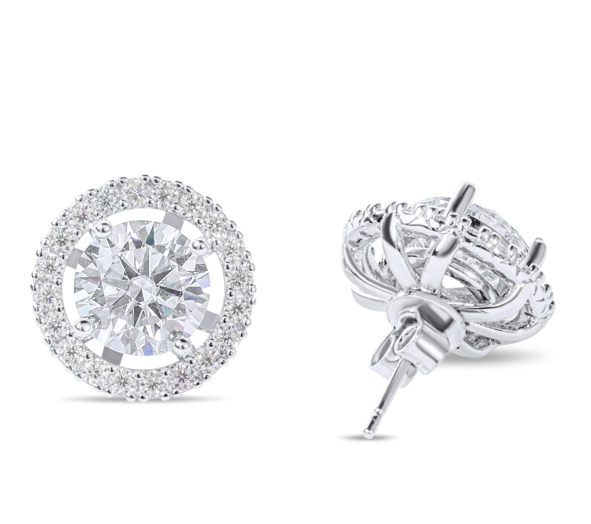 Moissanite Diamond Halo Jacket Silver Earrings on white background