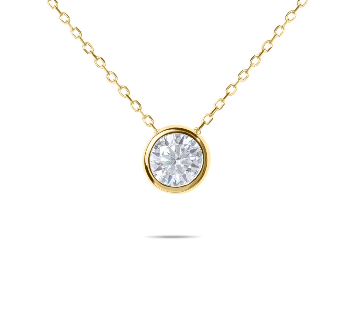 Moissanite Diamond Bezel Gold Necklace on white background