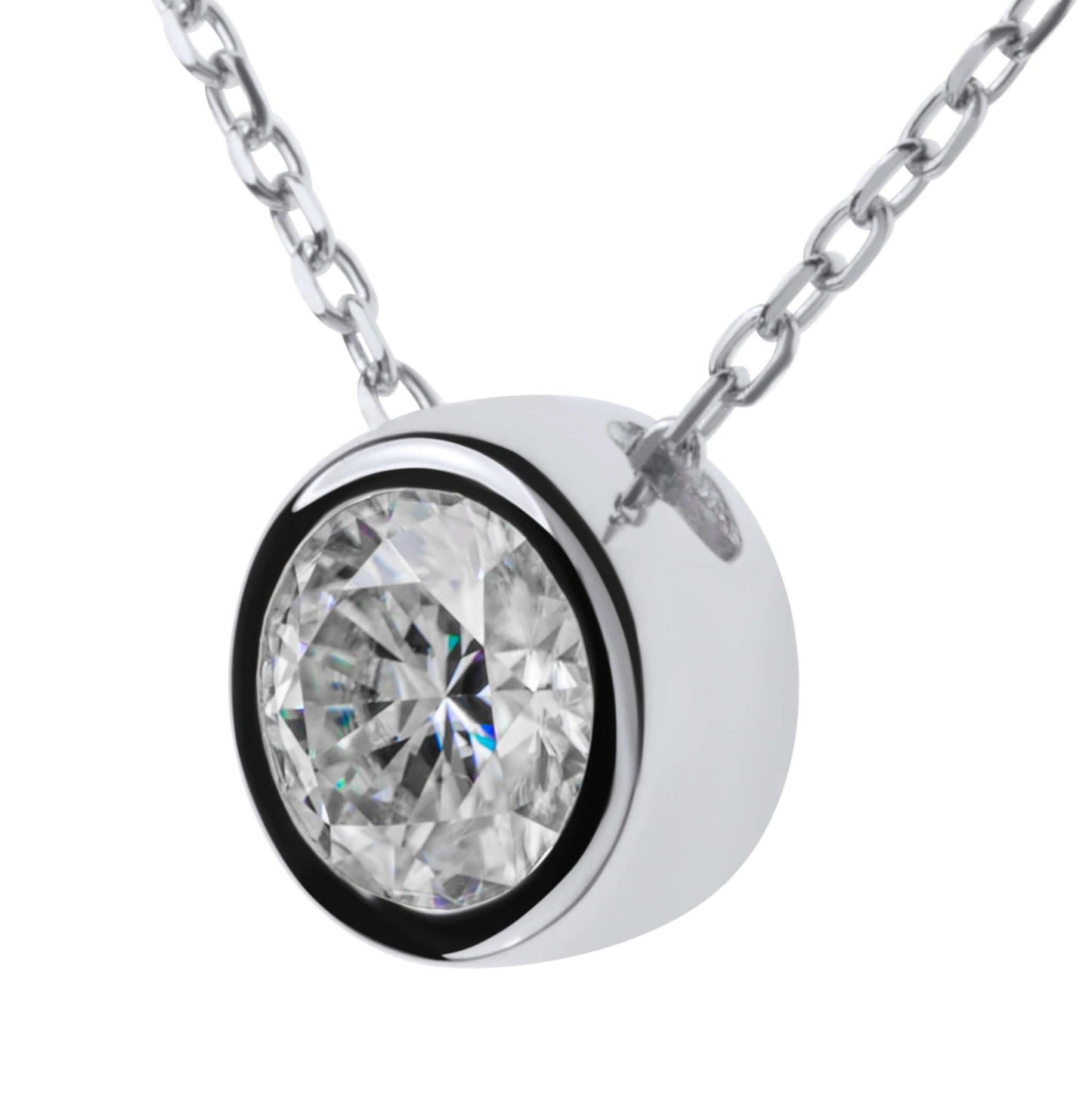 Moissanite Diamond Bezel Silver Necklace on white background