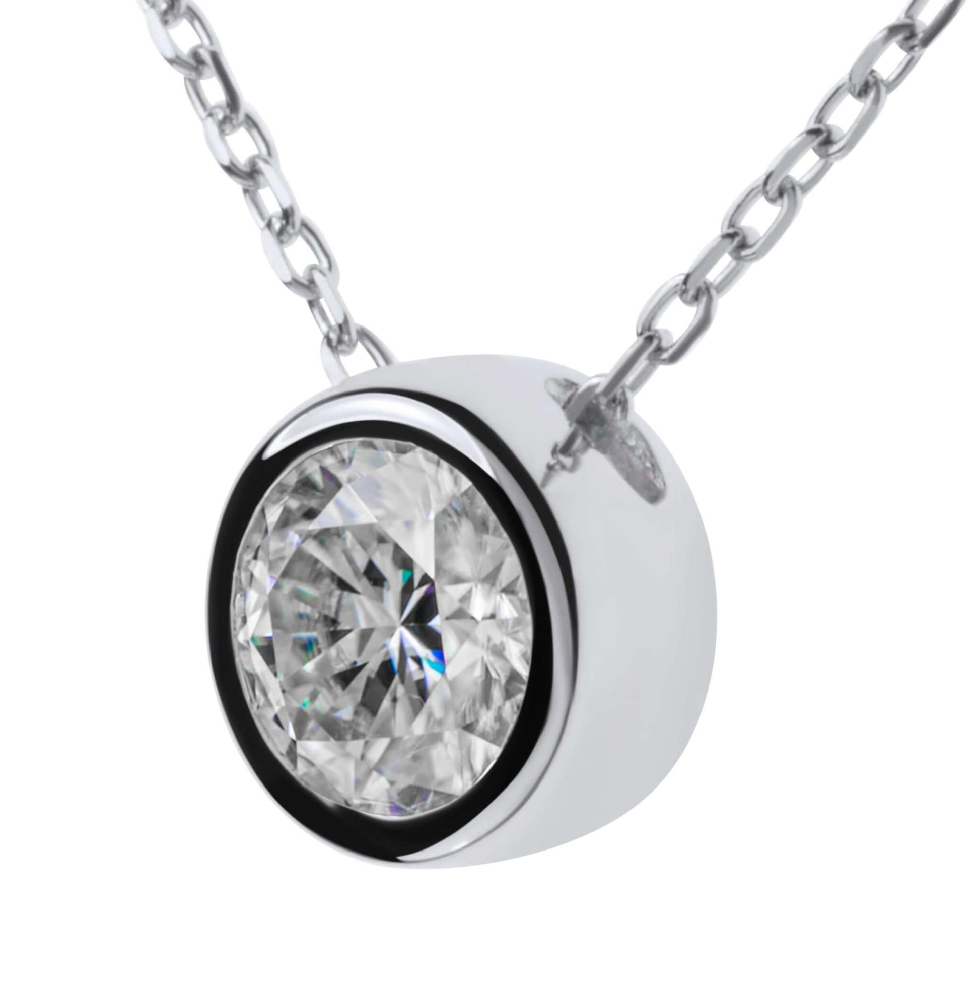 Moissanite Diamond Bezel Silver Necklace on white background