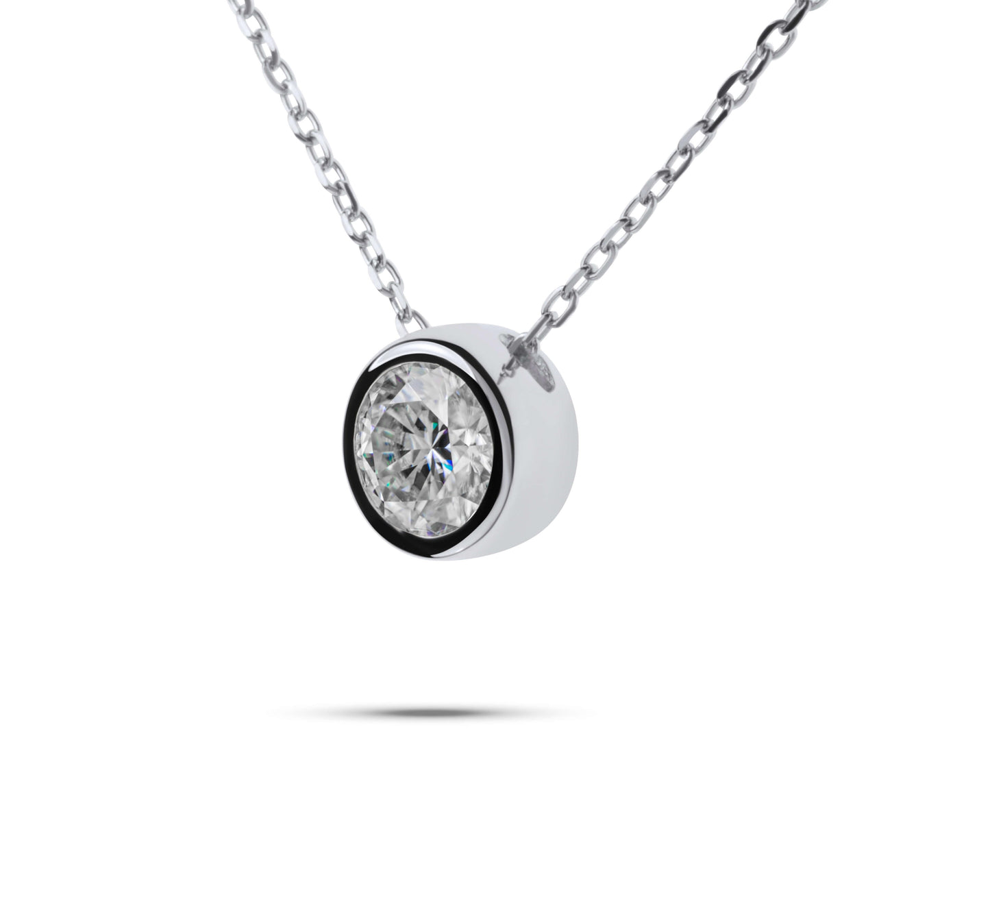 Moissanite Diamond Bezel Silver Necklace on white background