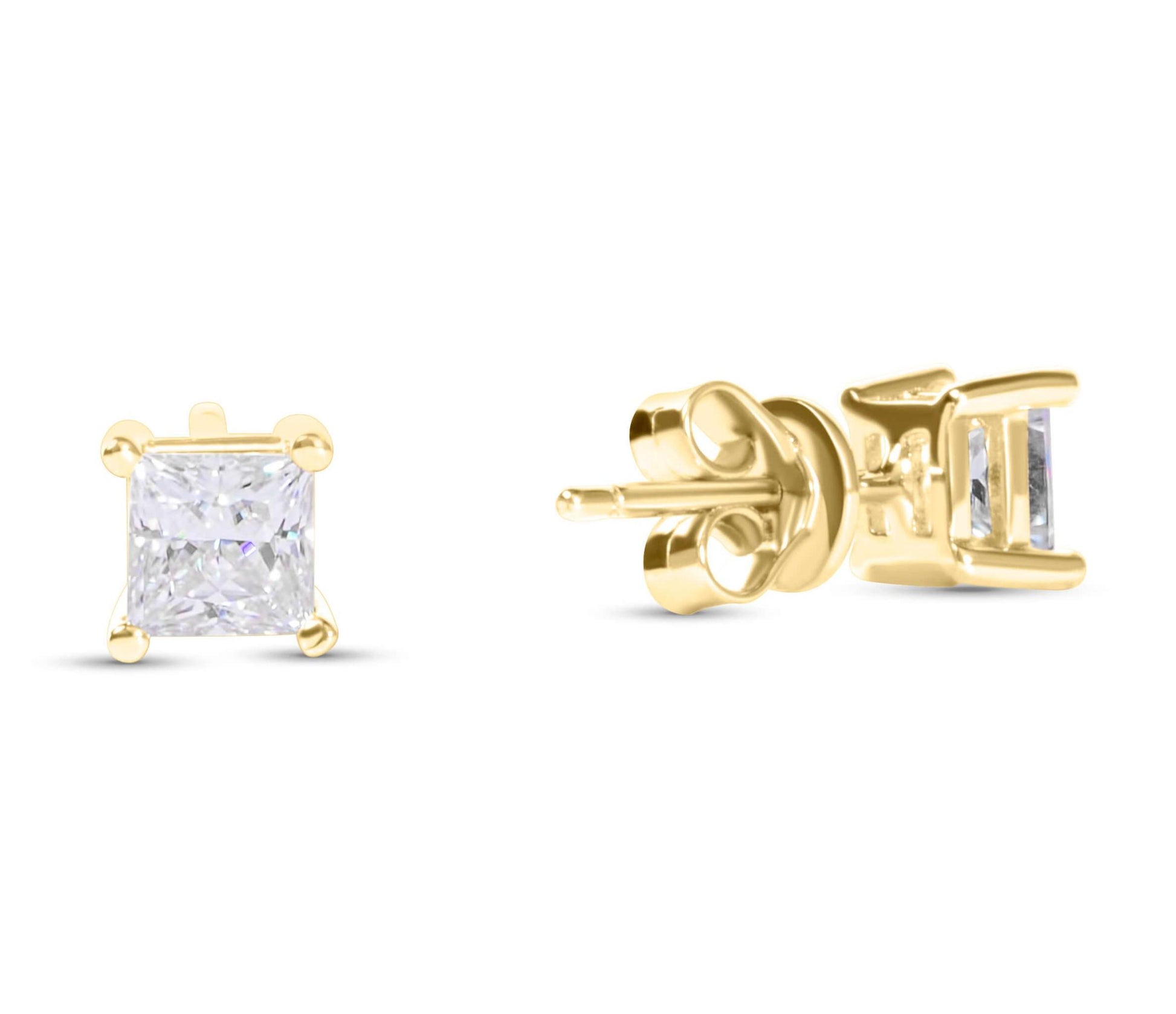 Moissanite Princess Cut Gold Earrings on white background