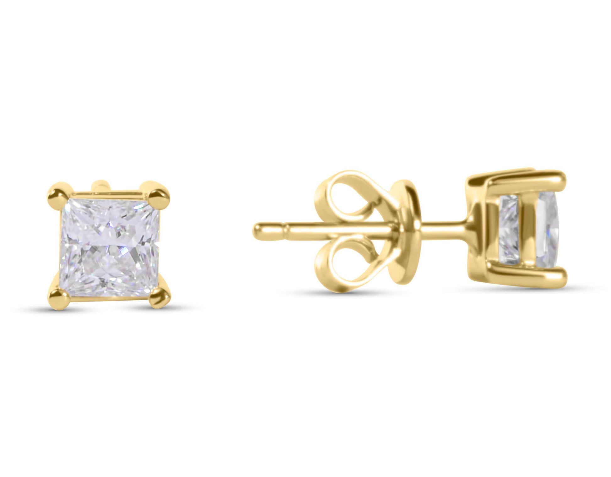 Moissanite Princess Cut Gold Earrings on white background