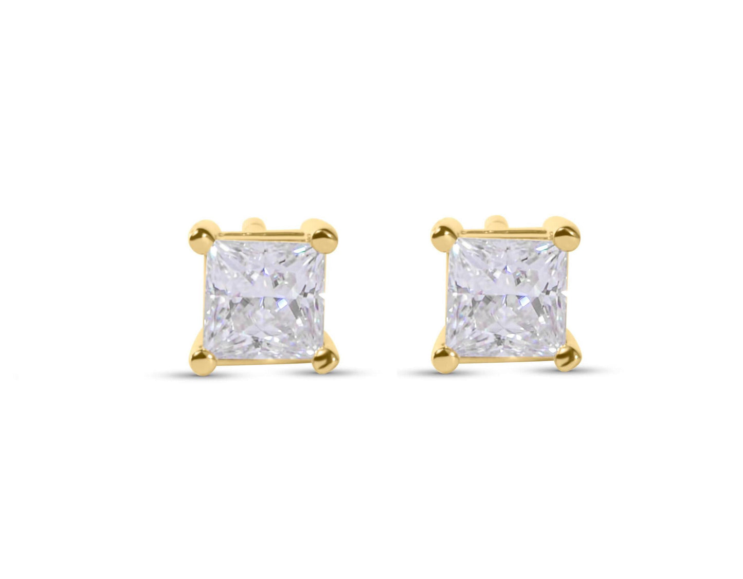 Moissanite Princess Cut Gold Earrings on white background