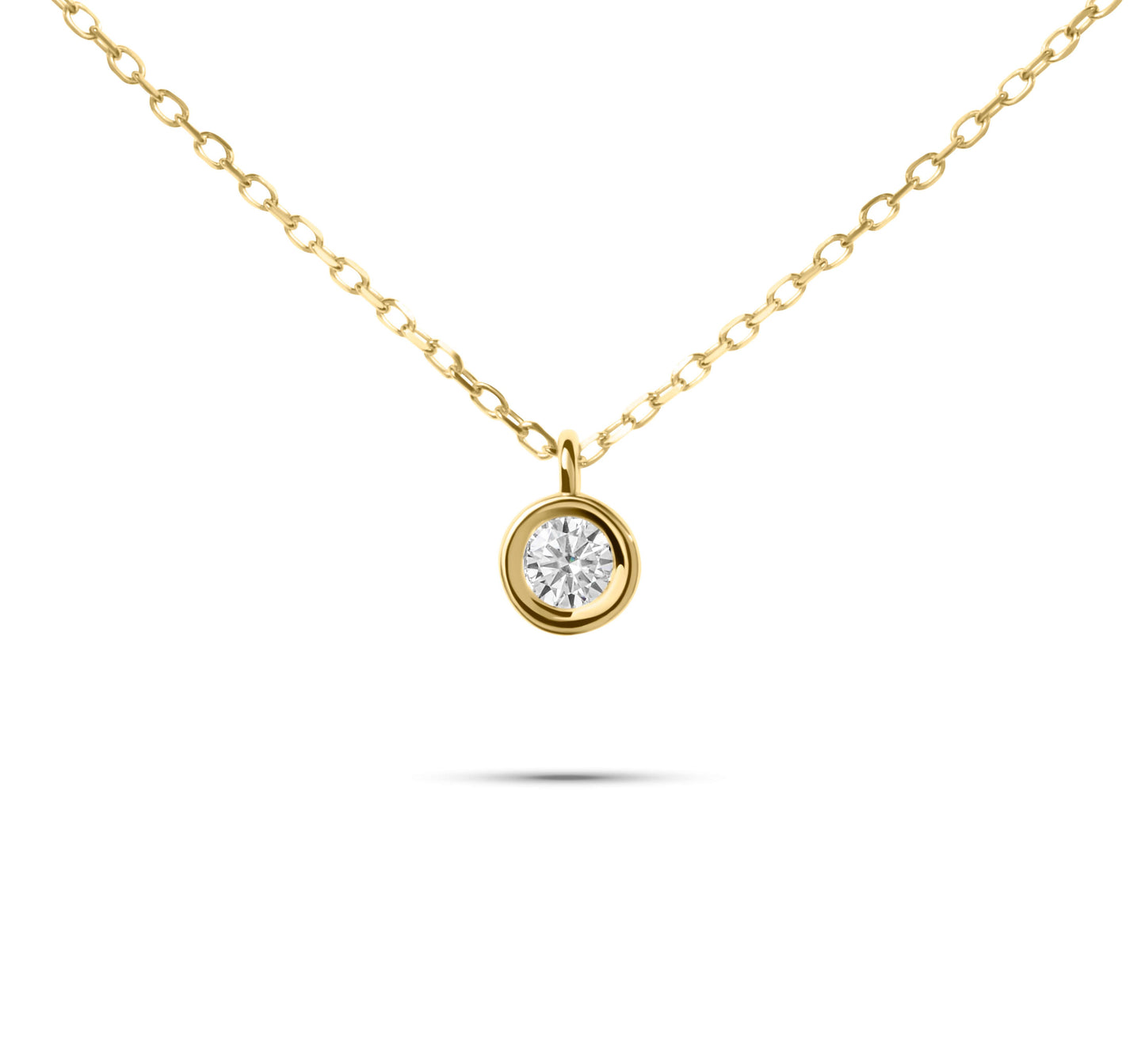 Moissanite Diamond Round Bezel Gold Necklace on white background