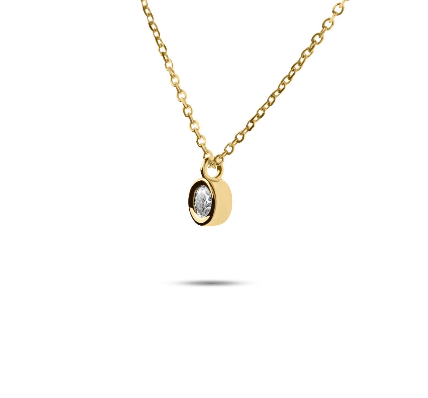 Moissanite Diamond Round Bezel Gold Necklace on white background