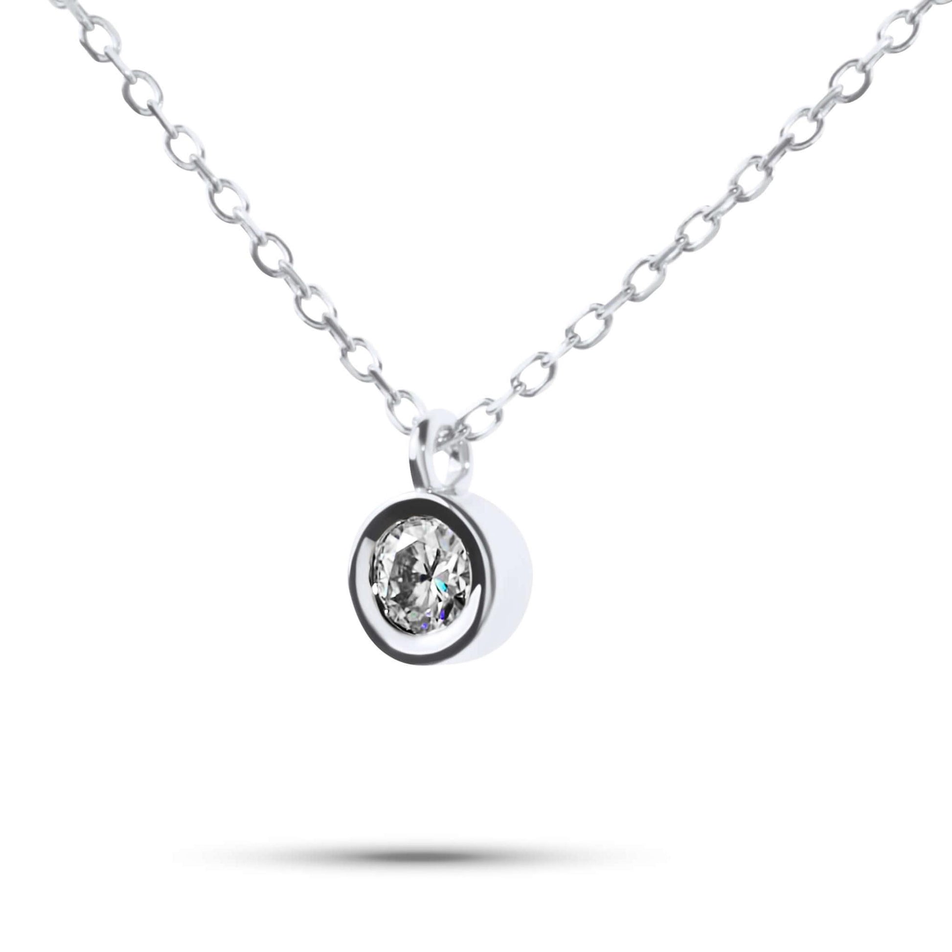 Moissanite Diamond Round Bezel White Gold Necklace on white background