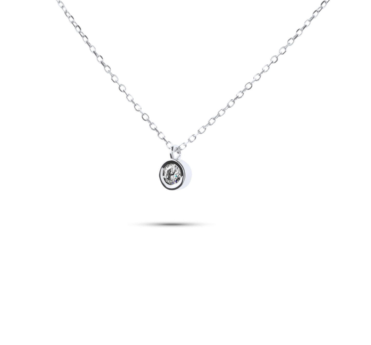 Moissanite Diamond Round Bezel White Gold Necklace on white background