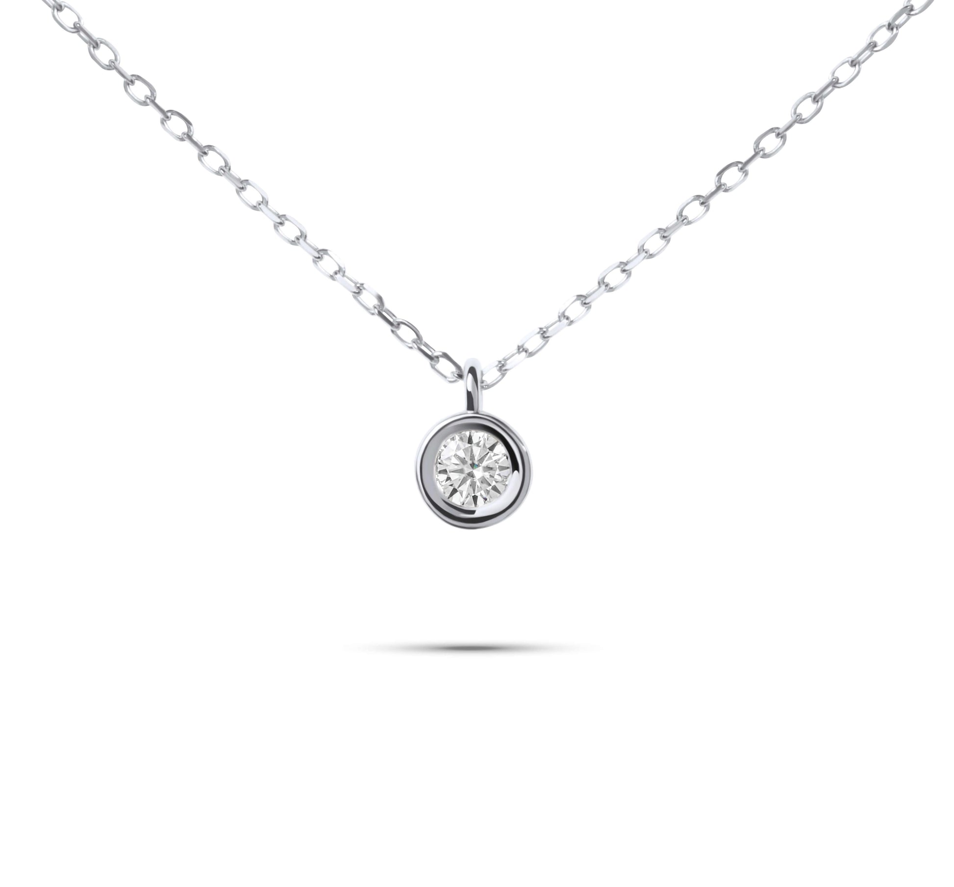 Moissanite Diamond Round Bezel White Gold Necklace on white background