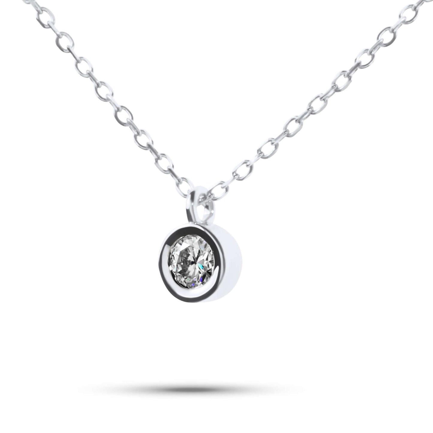 Moissanite Diamond Round Bezel Silver Necklace on white background