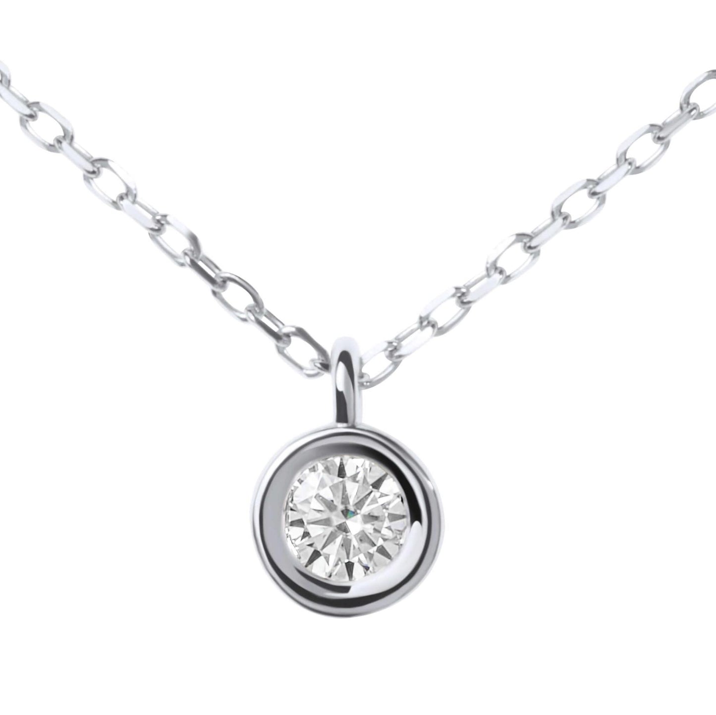 Moissanite Diamond Round Bezel Silver Necklace on white background