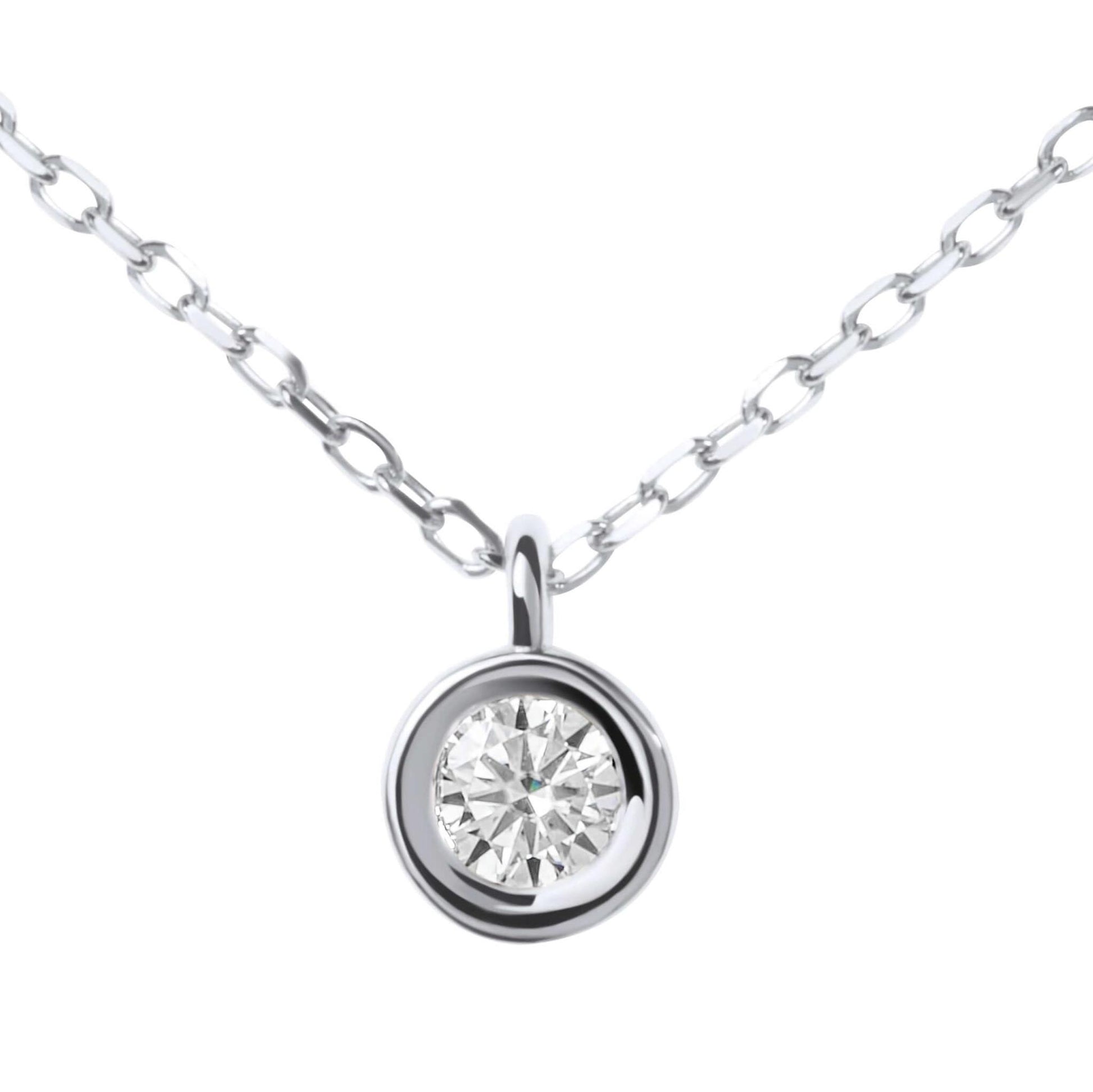 Moissanite Diamond Round Bezel Silver Necklace on white background