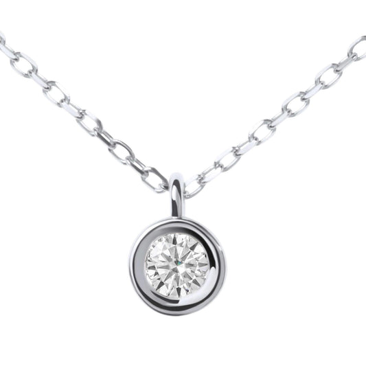 Moissanite Diamond Round Bezel Silver Necklace on white background
