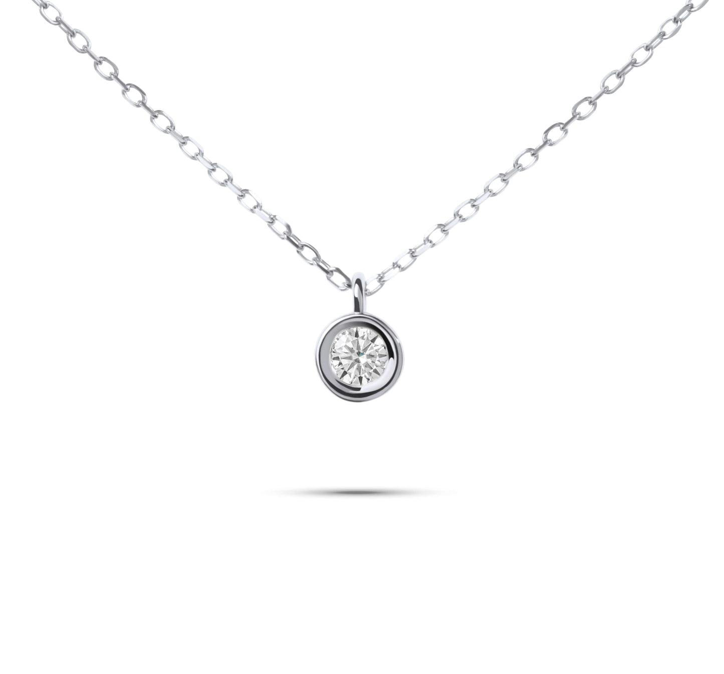 Moissanite Diamond Round Bezel Silver Necklace on white background