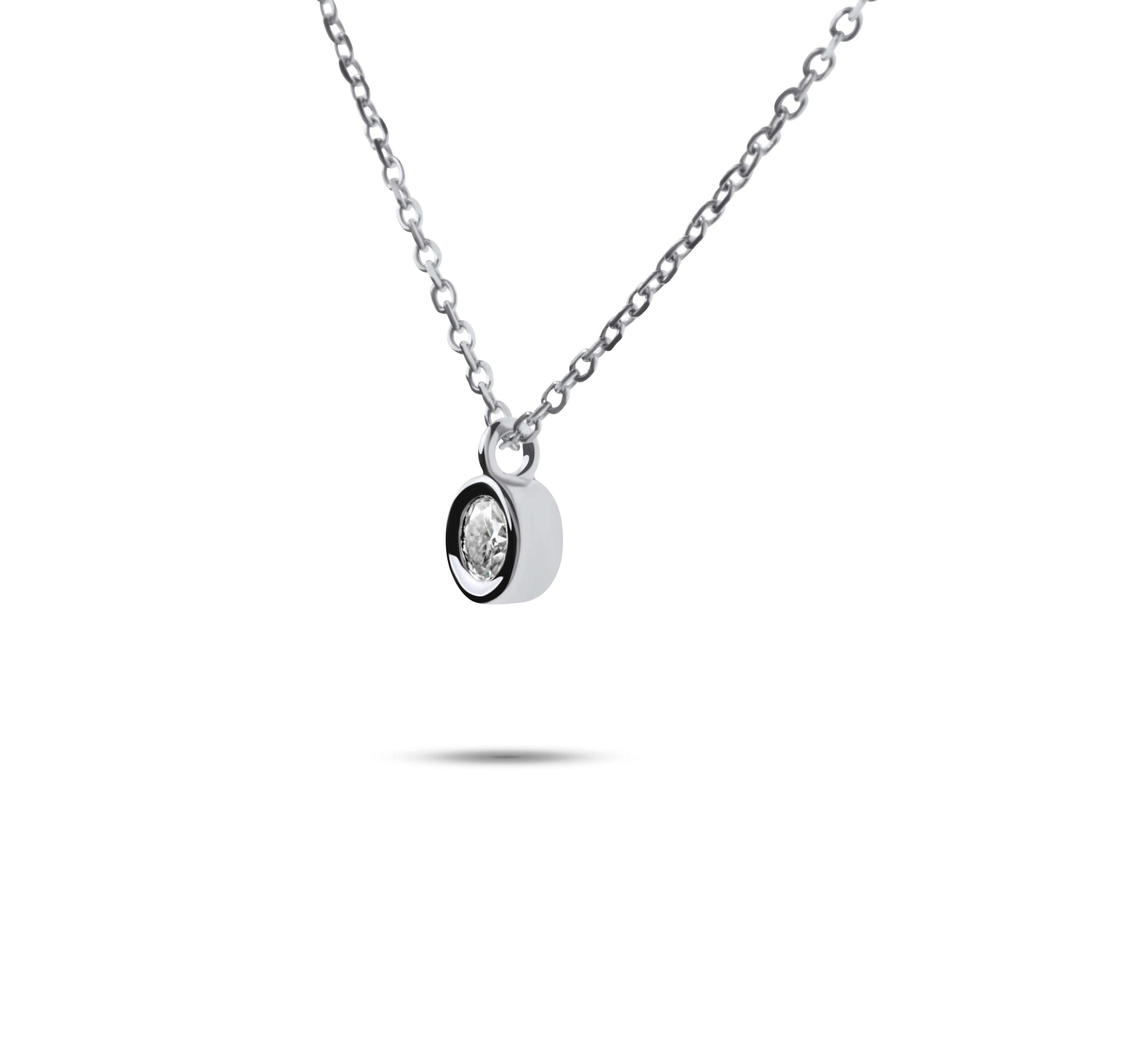 Moissanite Diamond Round Bezel Silver Necklace on white background