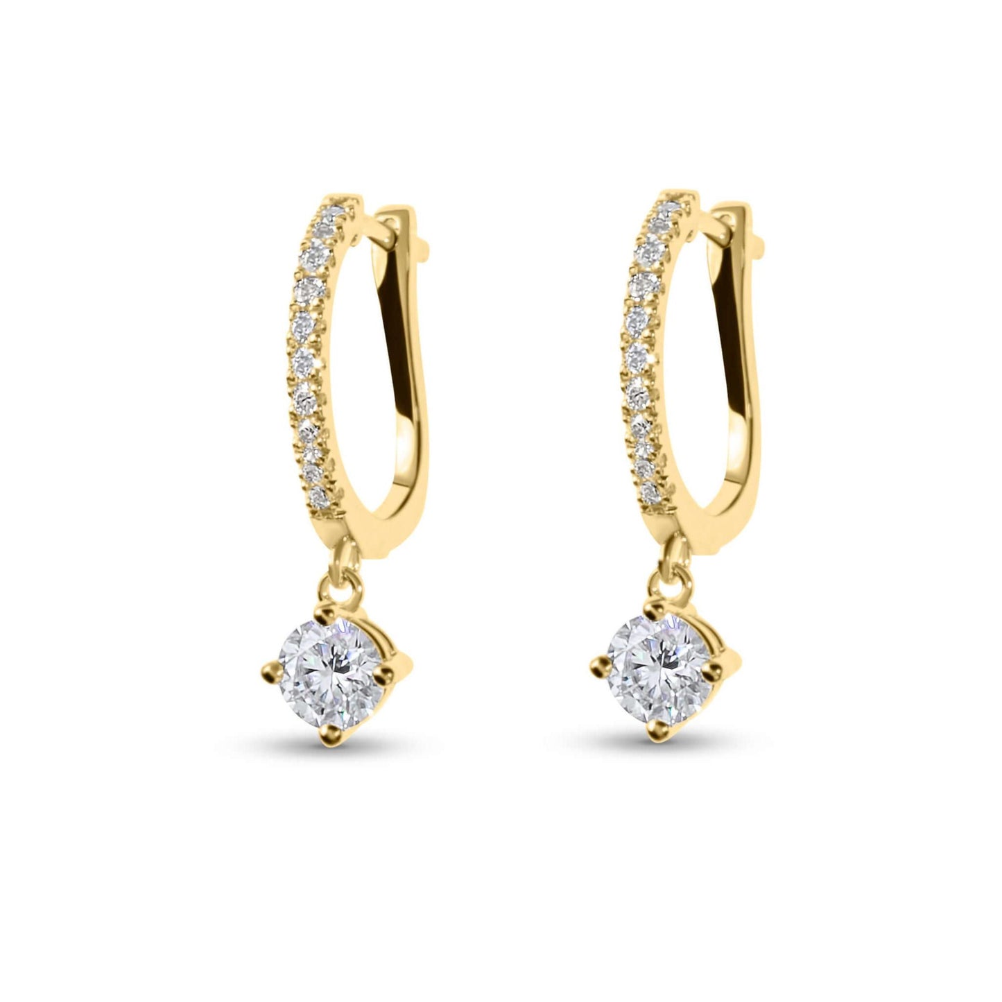 Moissanite Diamond Round Drop Gold Earrings on white background