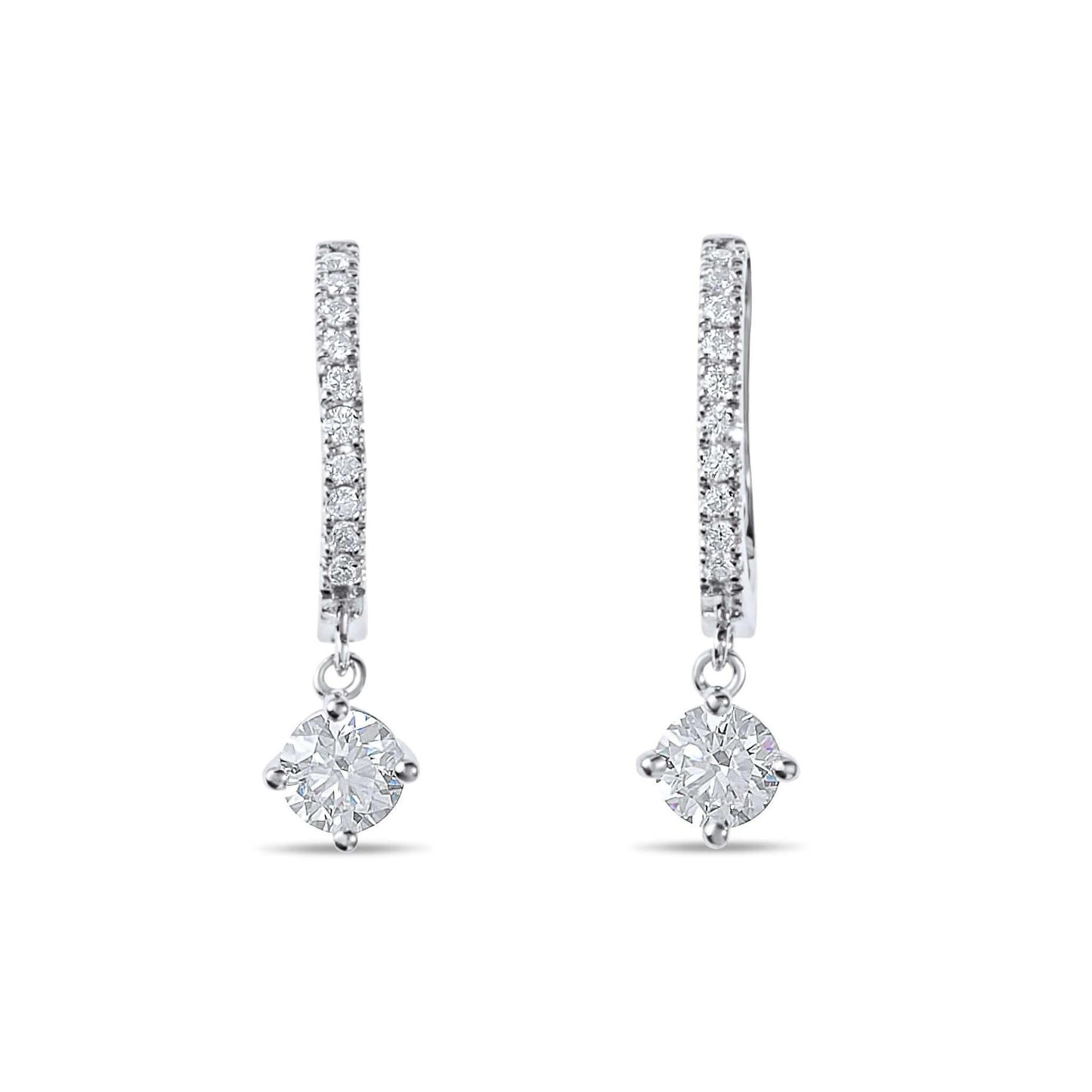 Moissanite Diamond Round Drop Silver Earrings on white background