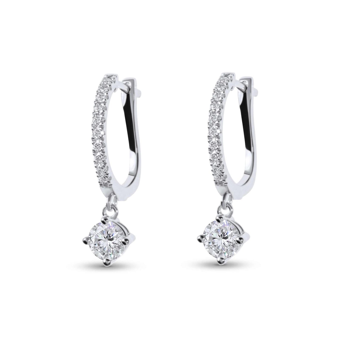 Moissanite Diamond Round Drop Silver Earrings on white background
