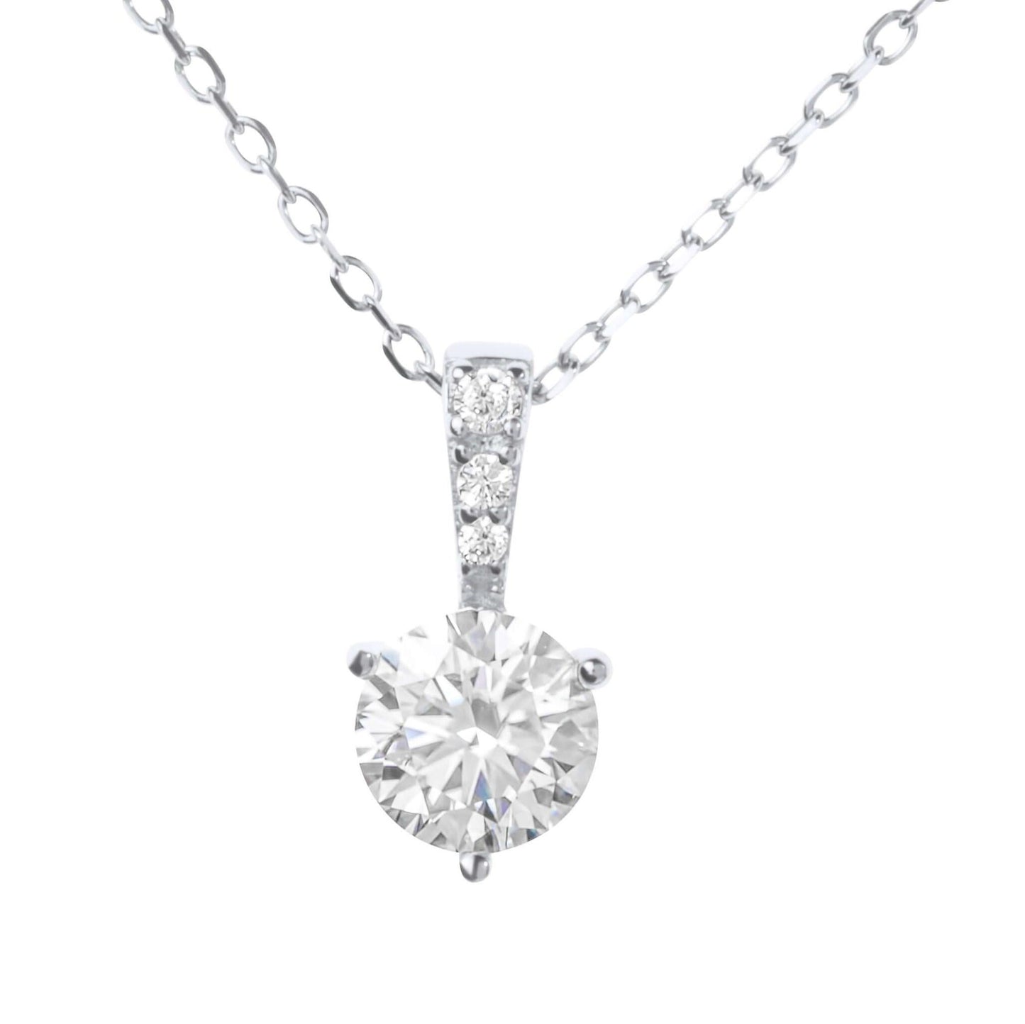 Moissanite Diamond Round White Gold Necklace on white background