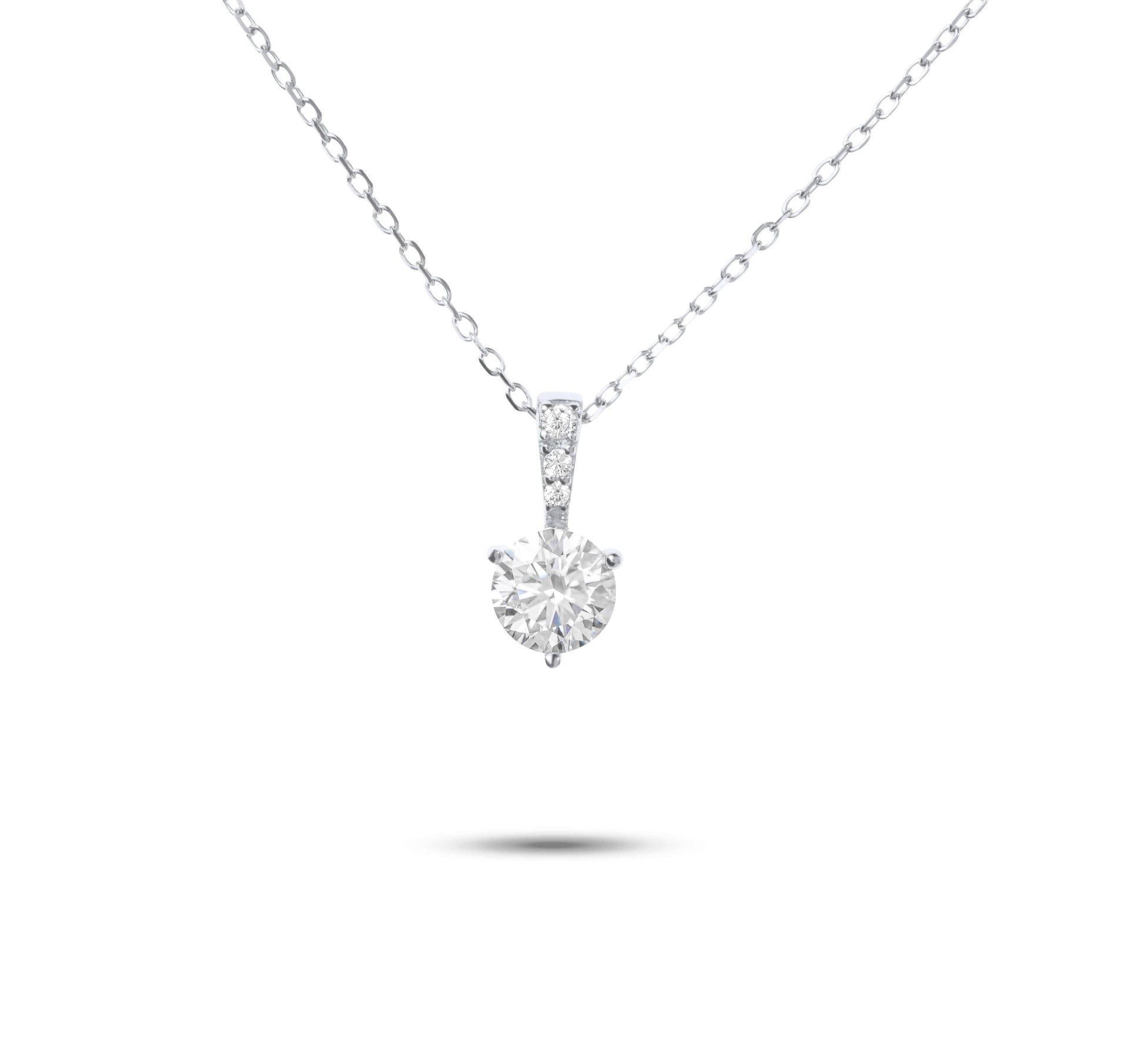 Moissanite Diamond Round White Gold Necklace on white background